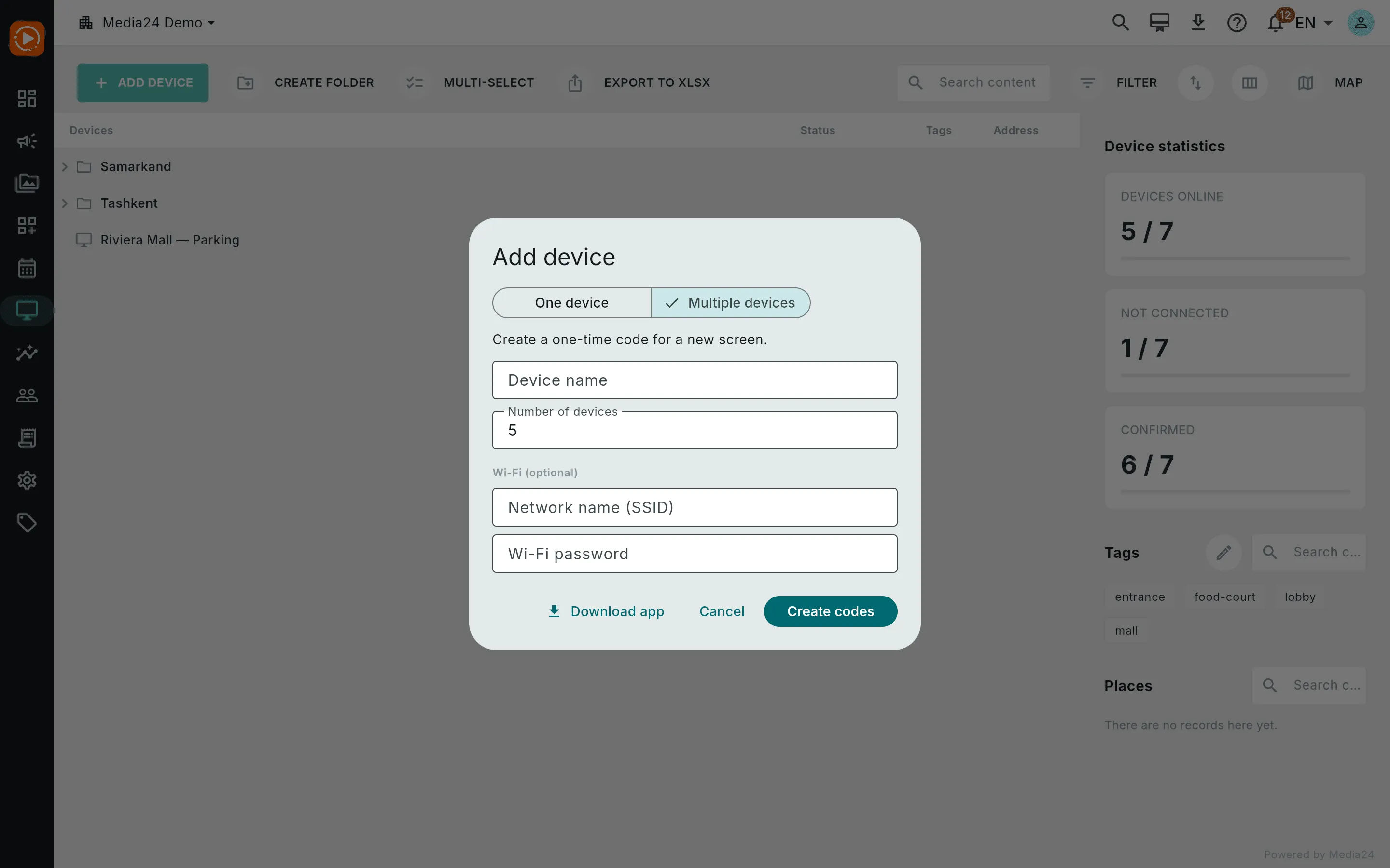 The Add device dialog in Multiple devices mode with a count field
