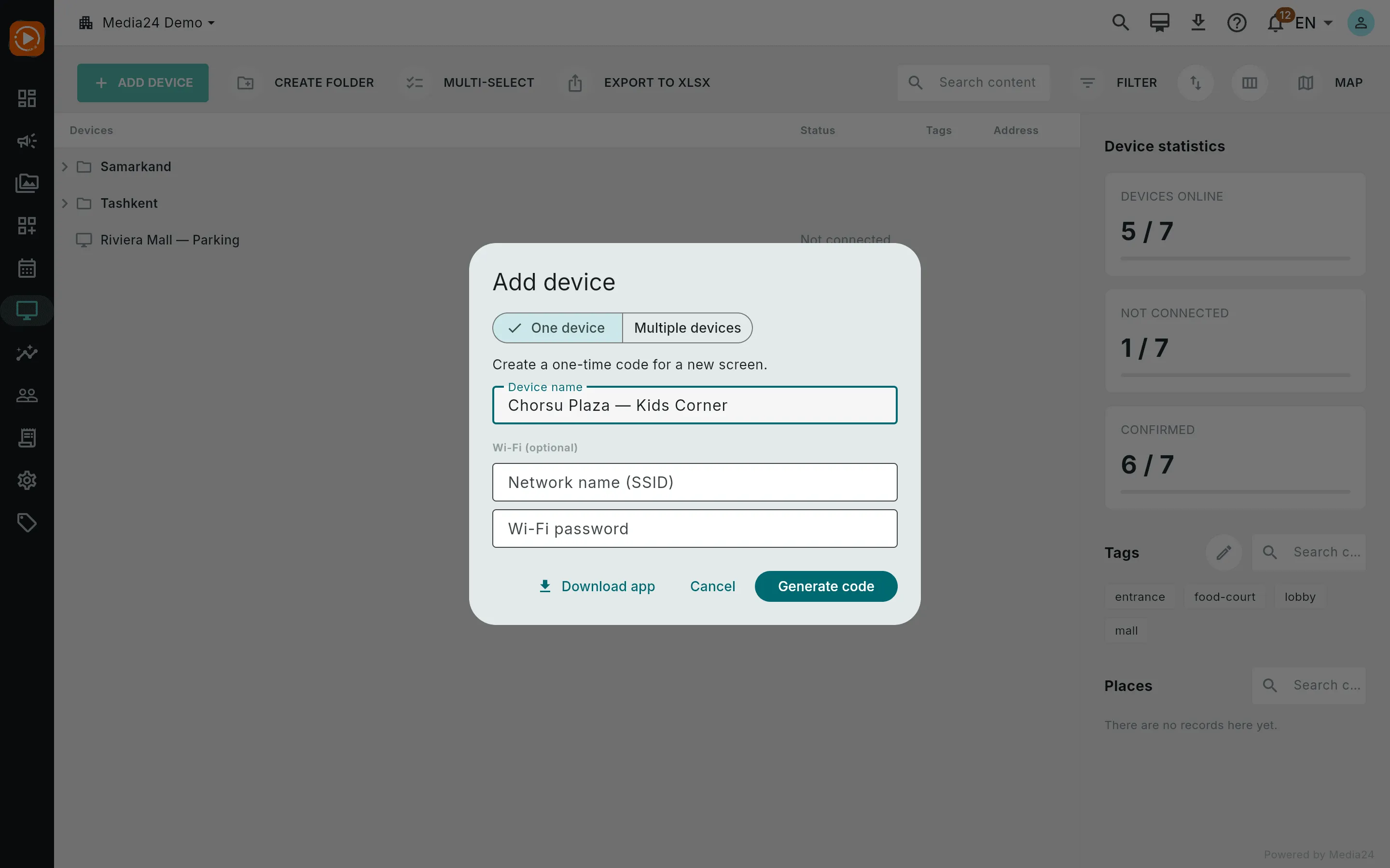 The Add device dialog in single mode with a device name typed and the Wi-Fi block visible