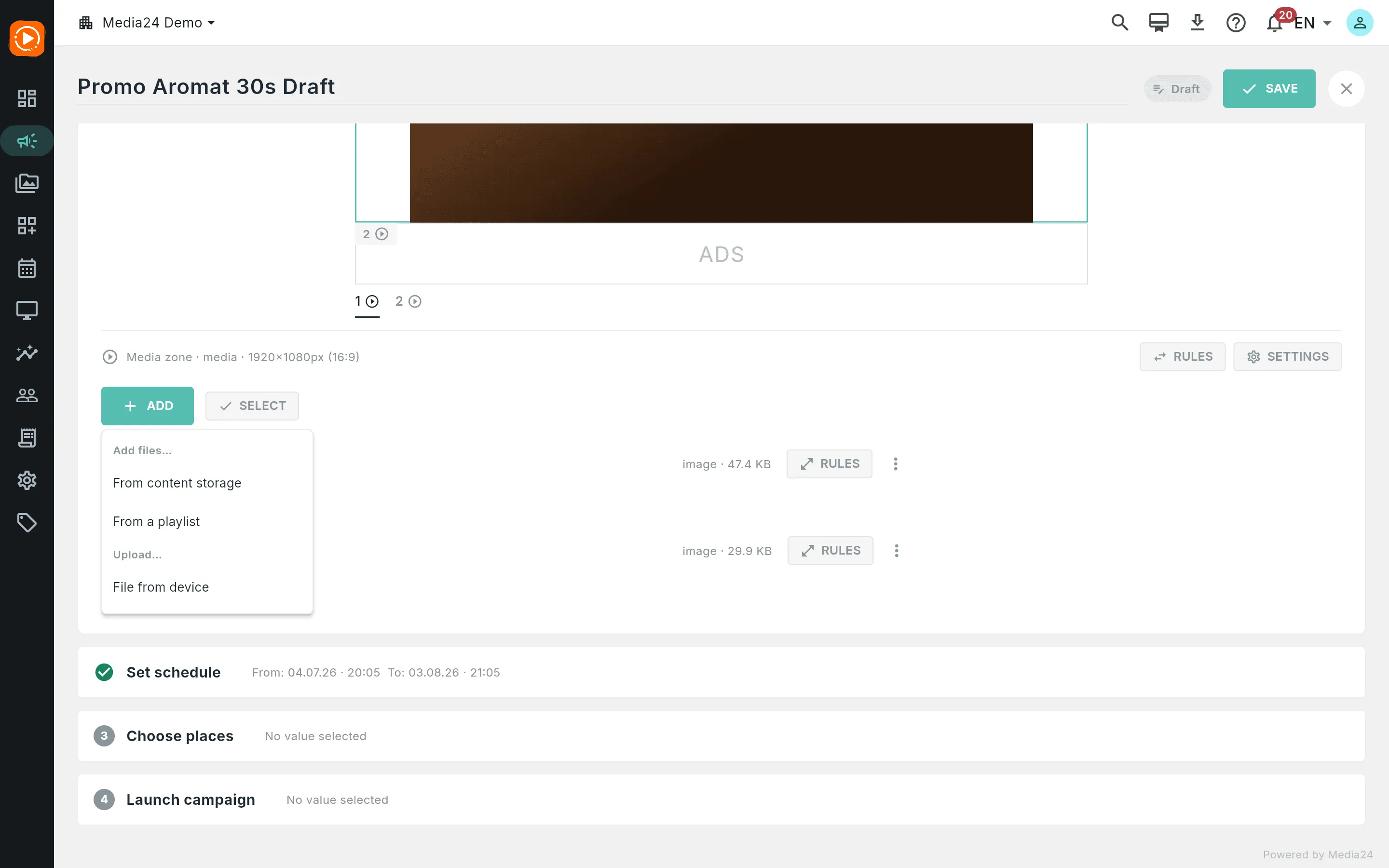 The Add menu open with From content storage, From a playlist, and File from device