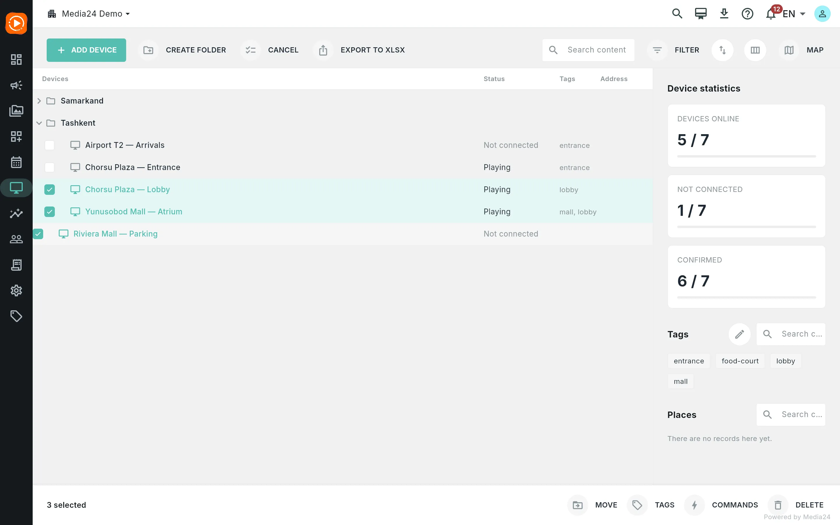 Multi-select on with three devices checked and the bulk action bar visible