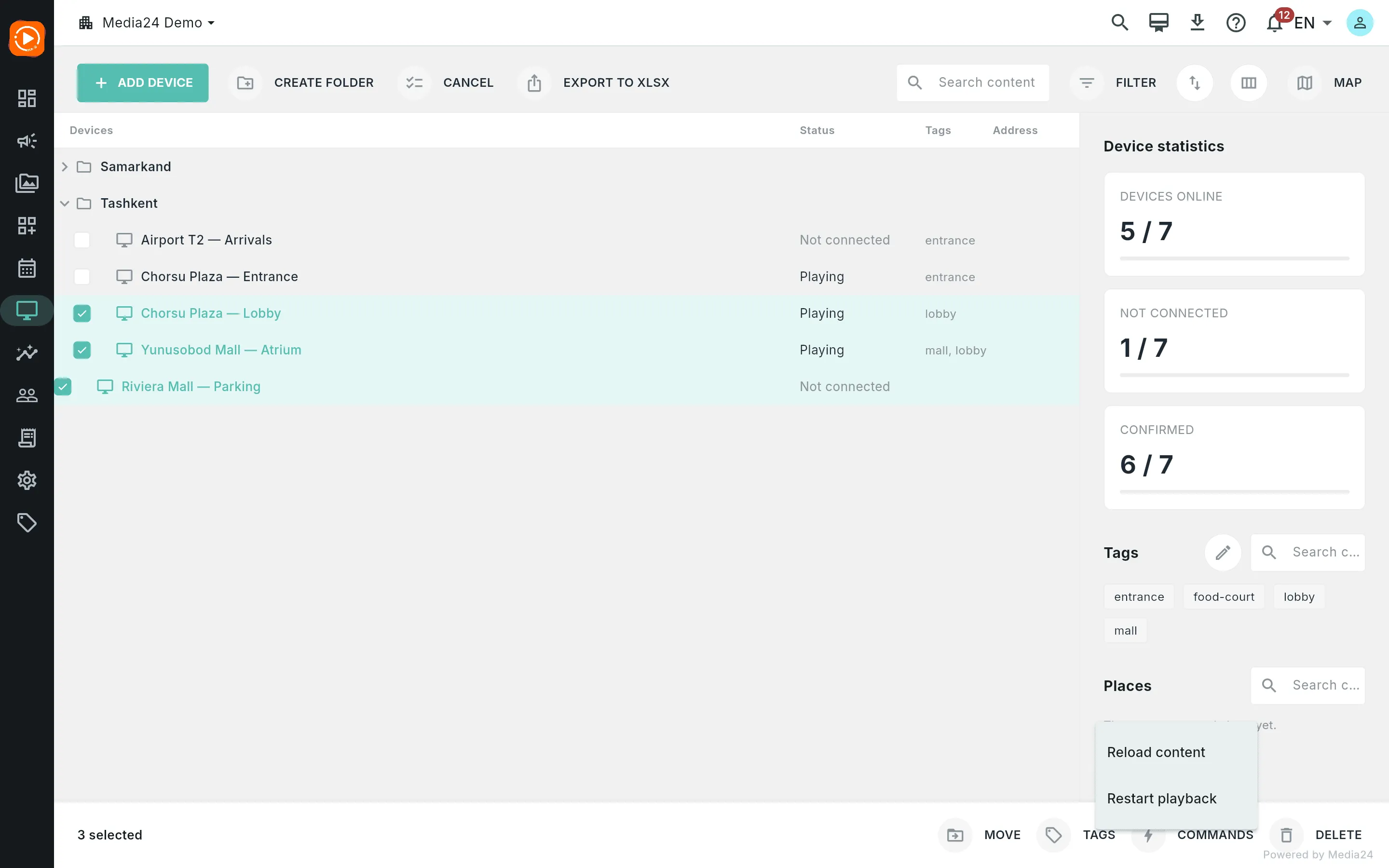 The bulk Commands menu with Reload content and Restart playback