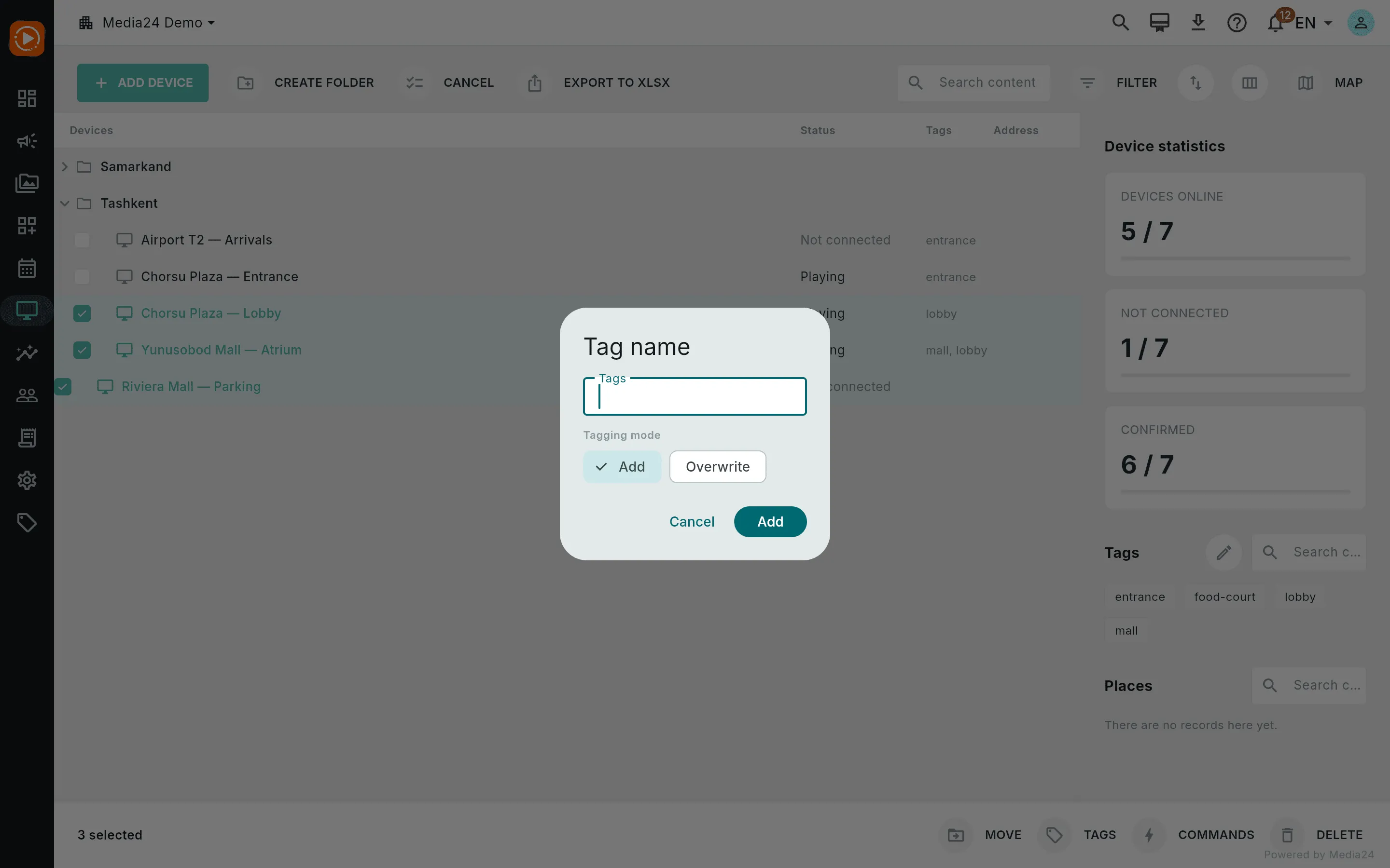 The bulk tag dialog with Add and Overwrite mode chips