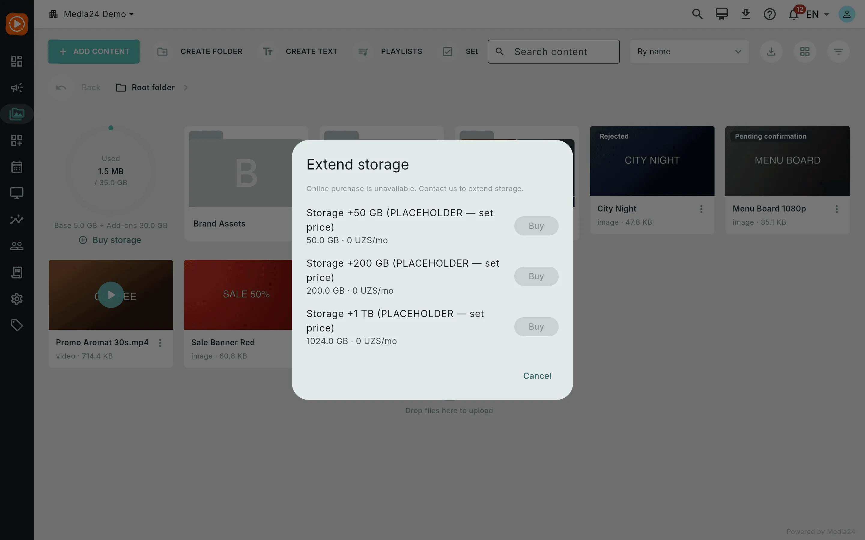 The Buy storage dialog listing storage packages, with a notice that online purchase is unavailable and the Buy buttons disabled