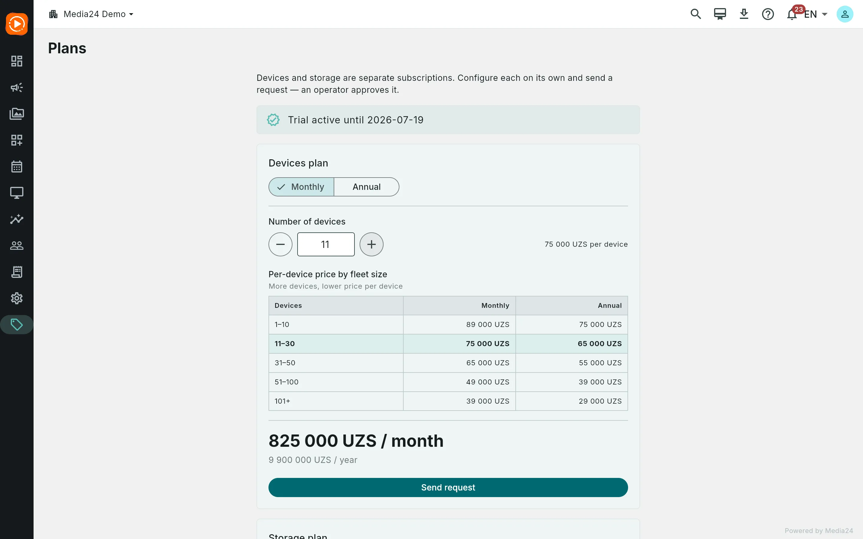 The Devices plan card with 11 devices, the 11–30 tier row highlighted, headline 825 000 UZS per month — lower than 10 devices