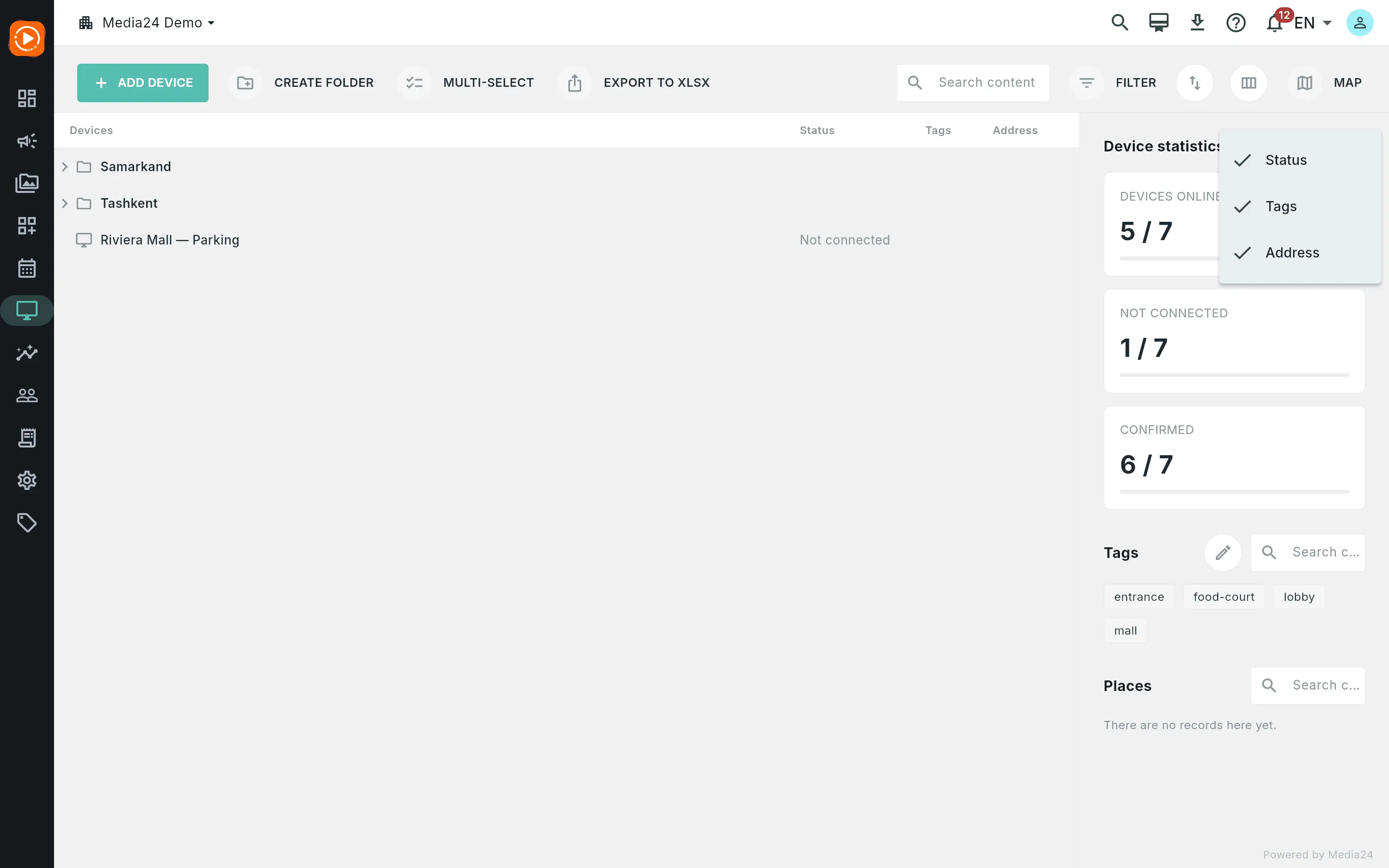 The columns menu with Status, Tags, and Address checkboxes