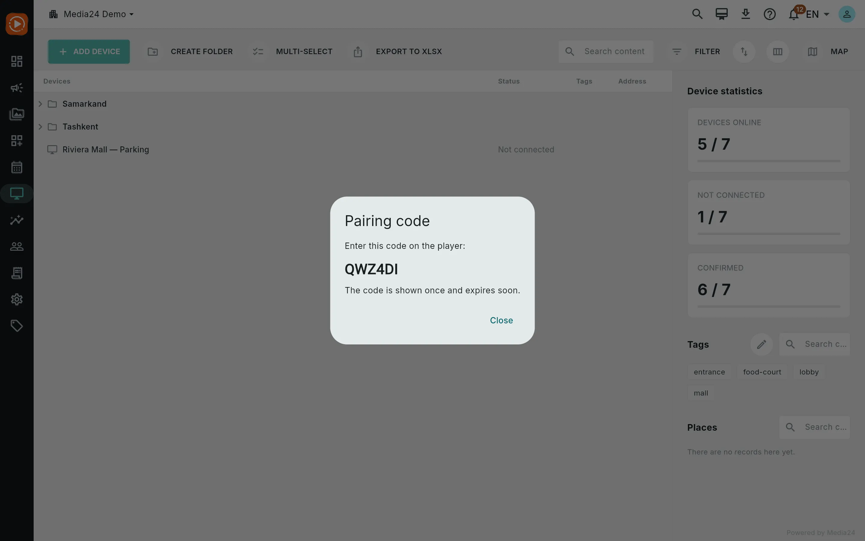 The Connection code dialog showing a fresh pairing code