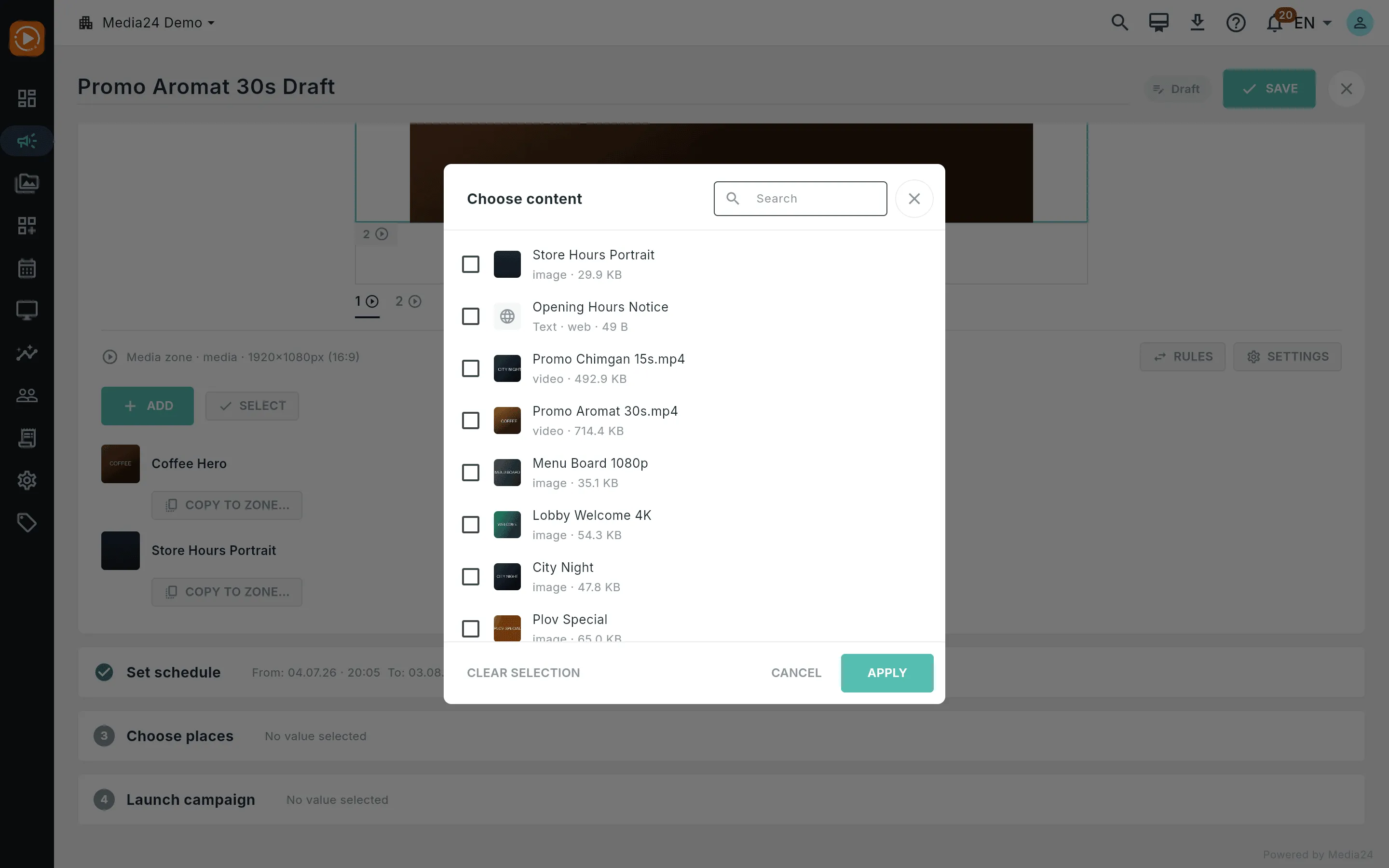 The content picker showing the workspace's media files to add to the zone