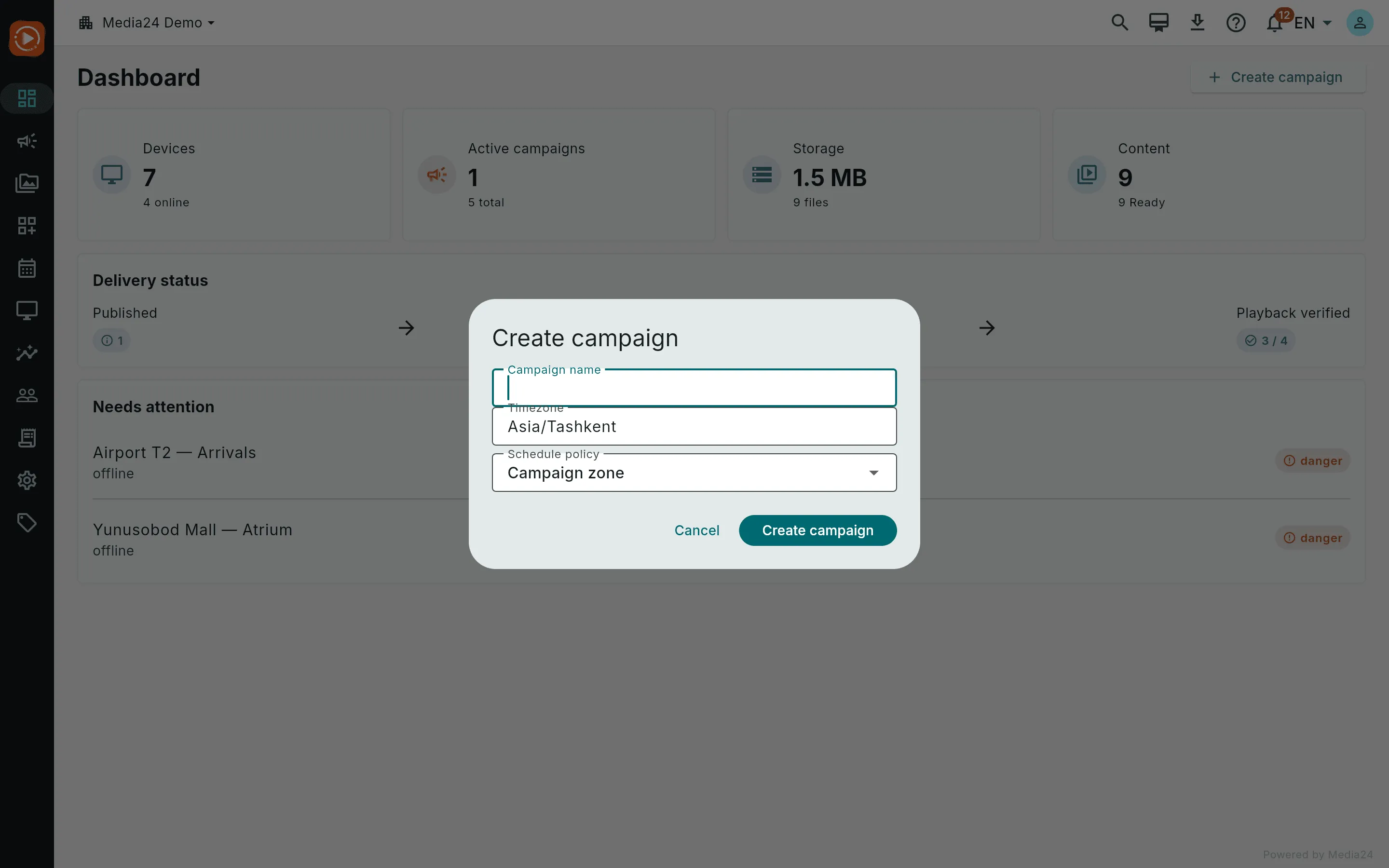 The quick-create campaign dialog asking for a name and a timezone