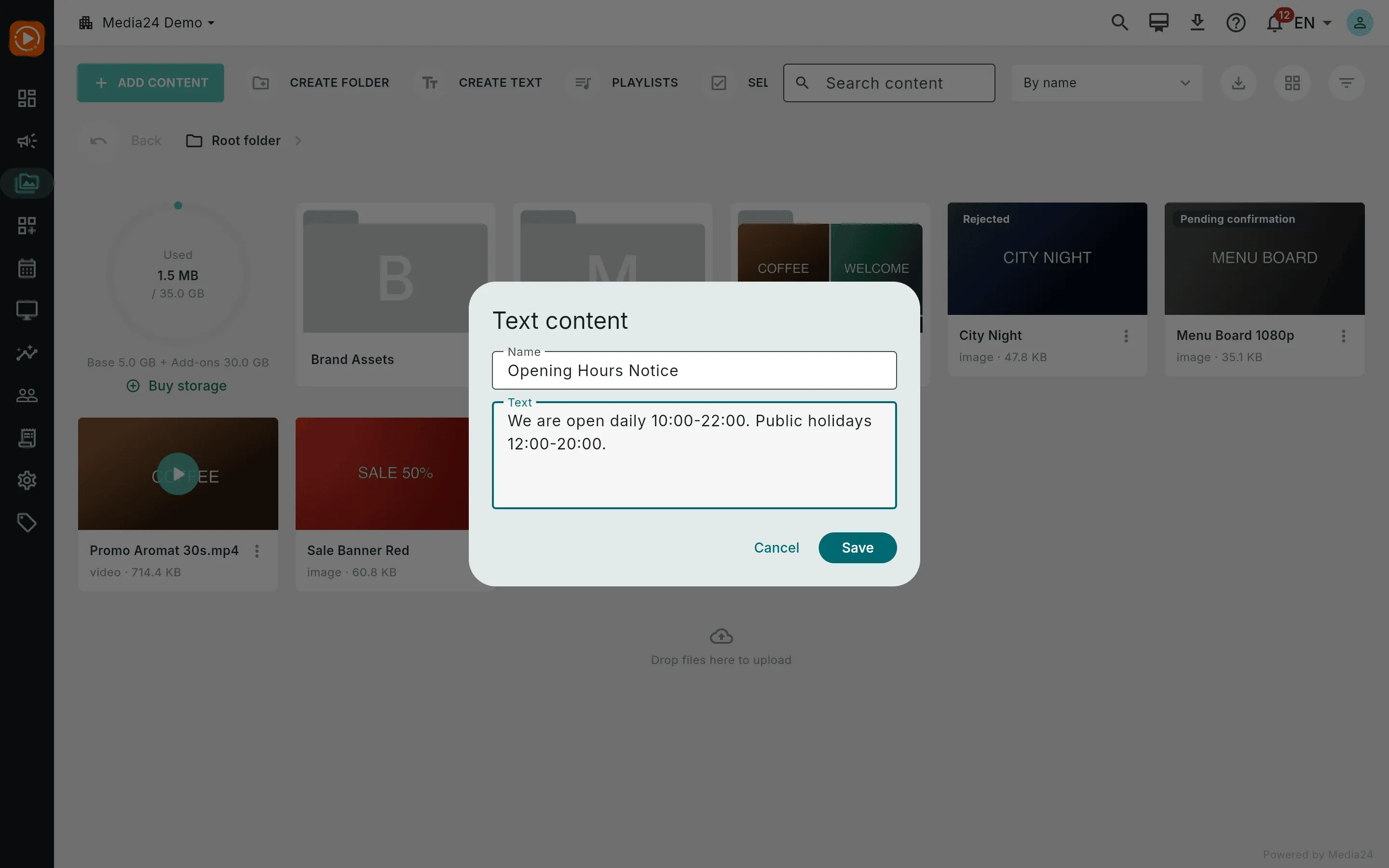 The Create text dialog with a name and a multi-line text body filled in