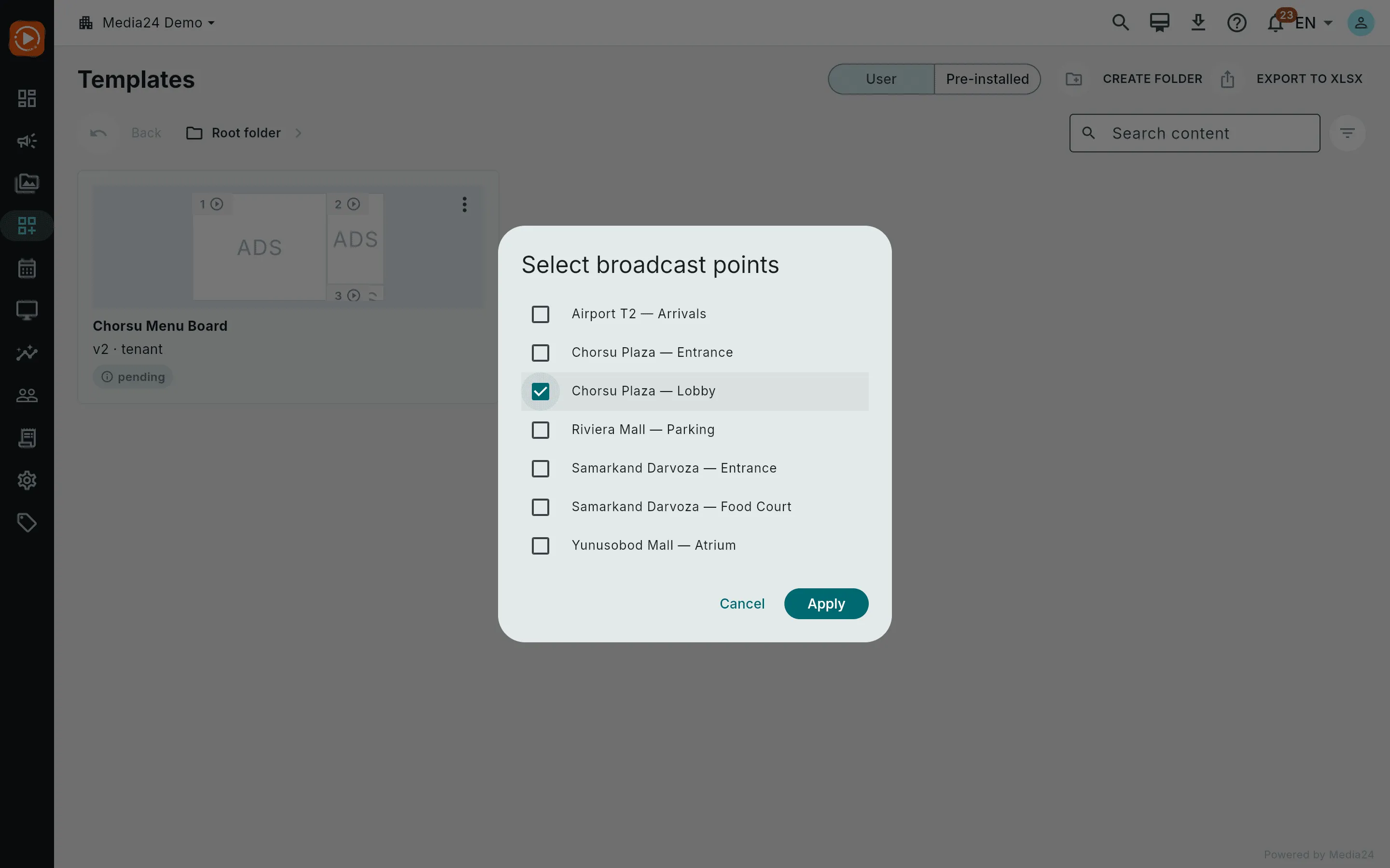 The Demo dialog with a checkbox list of screens, one checked, and an Apply button