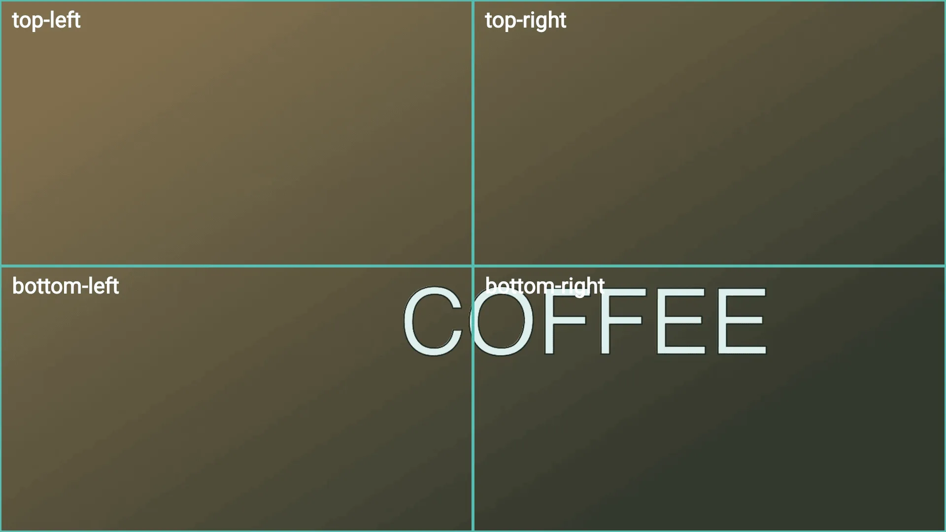 A device screen showing teal labelled zone outlines (top-left, top-right, bottom-left, bottom-right) drawn over the playing content during a template Demo