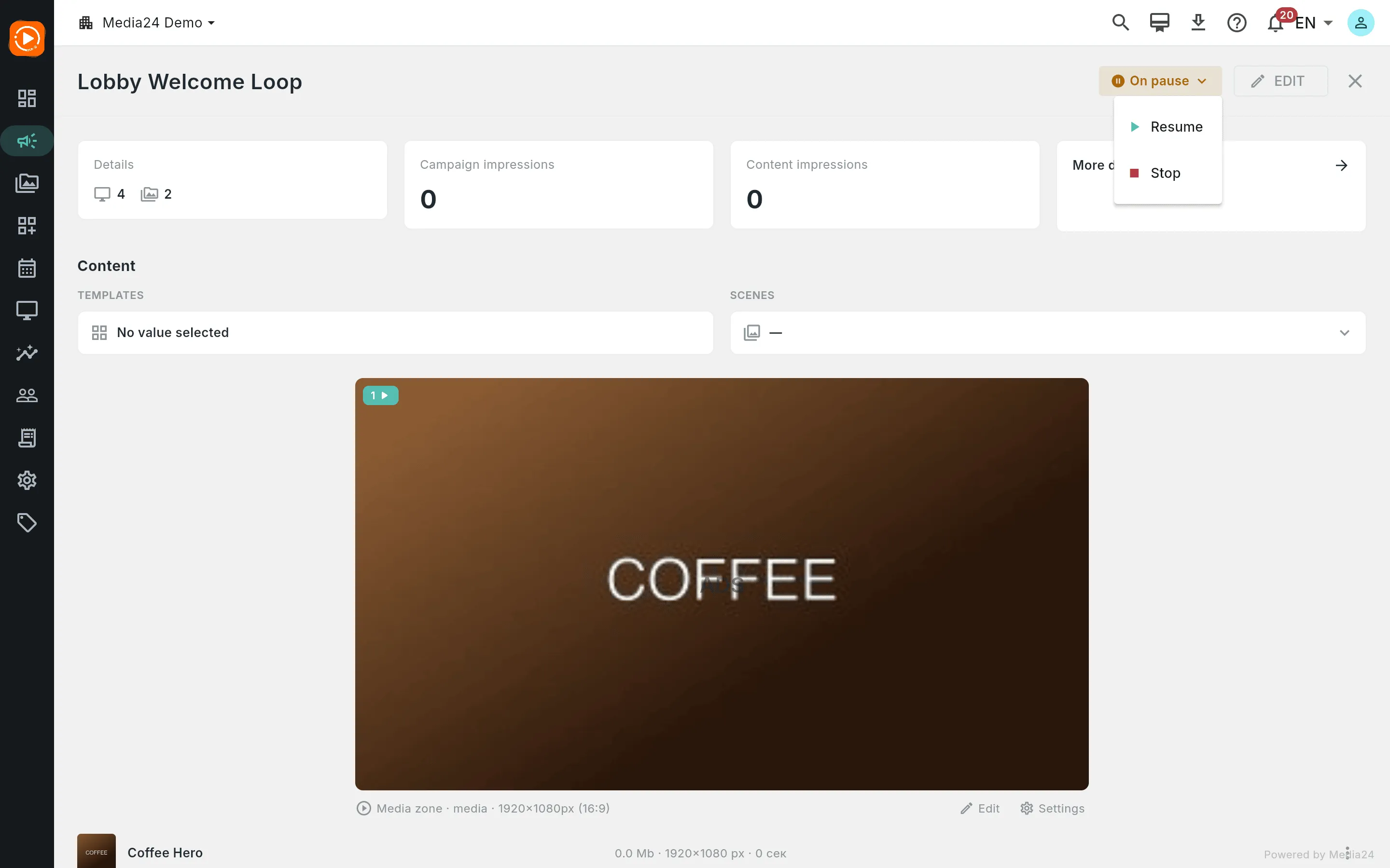 A campaign detail page with the On pause status pill expanded, showing Resume and Stop