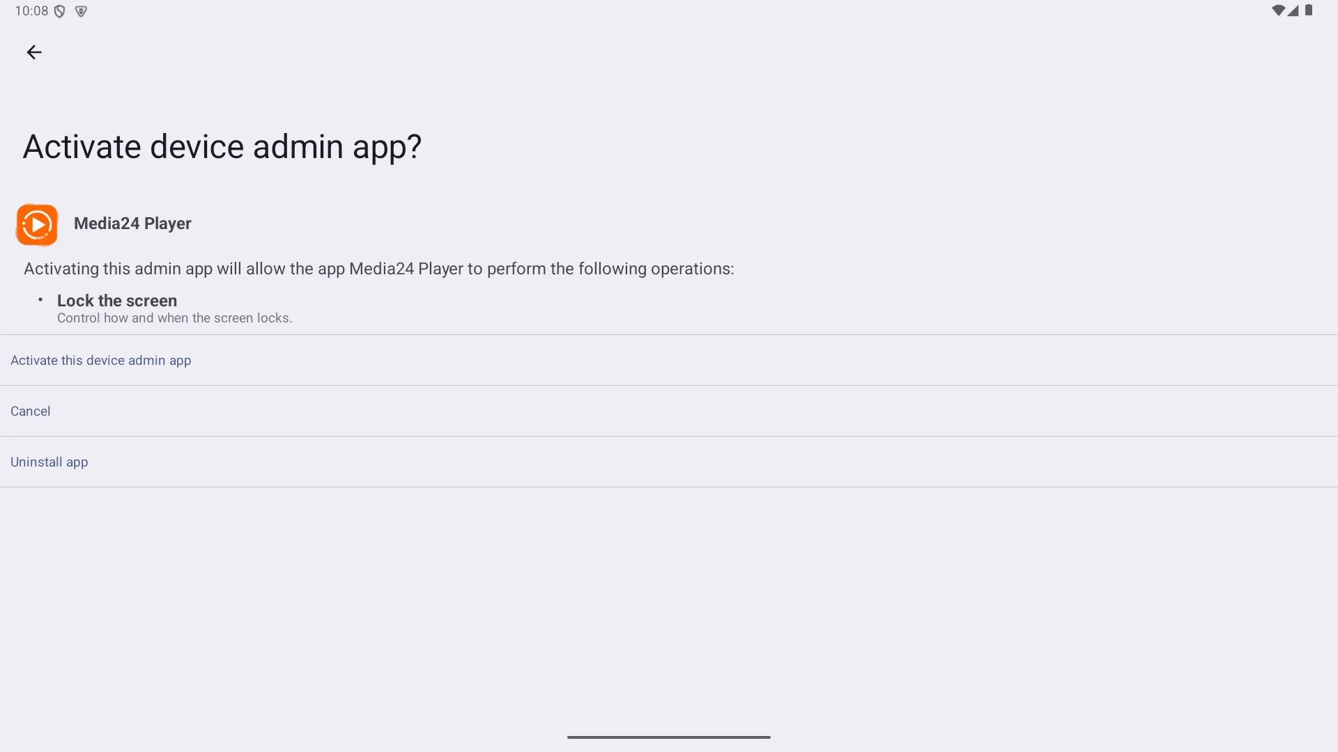 Android 'Activate device admin app?' dialog for Media24 Player declaring only the Lock the screen policy