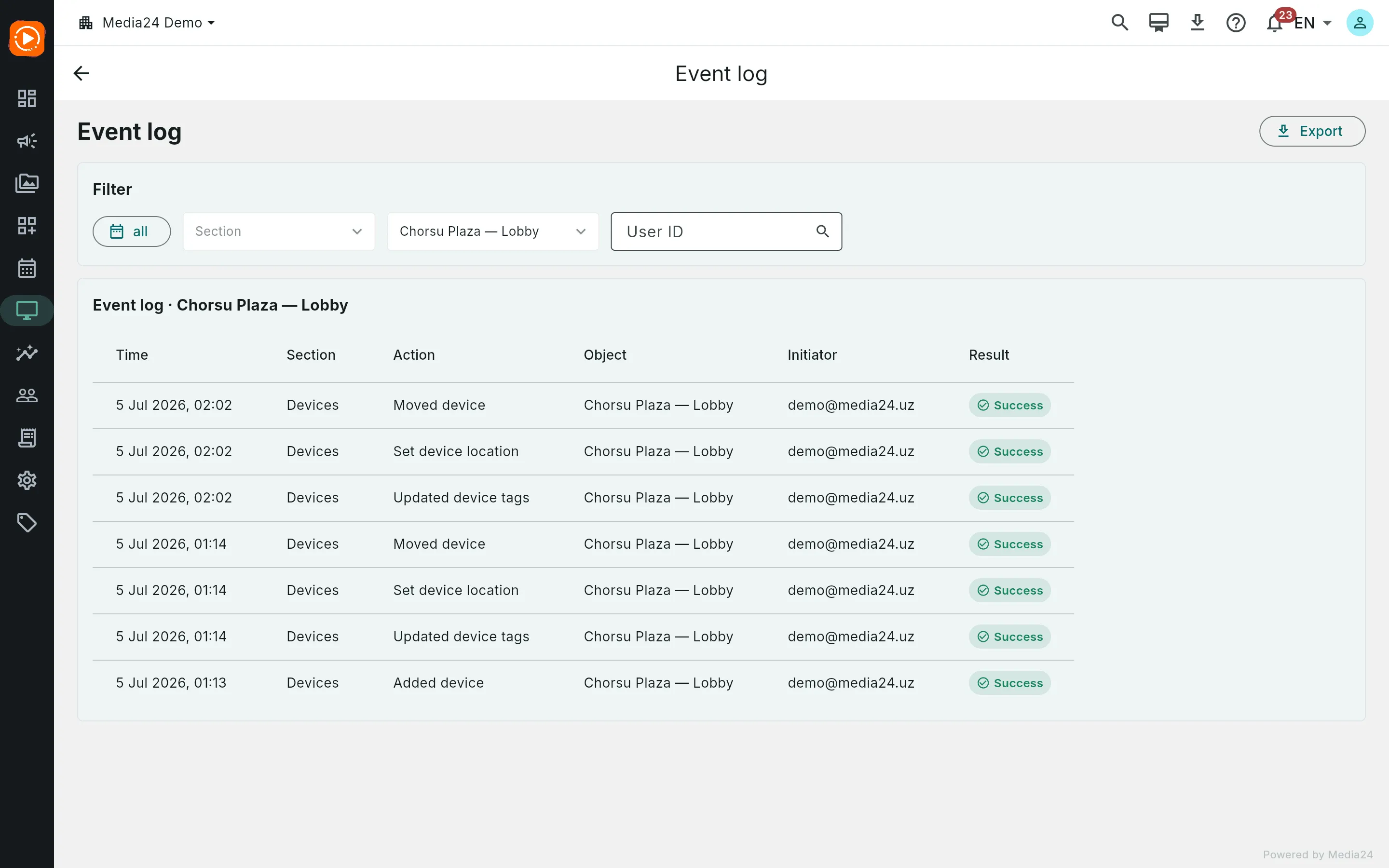 The journal opened from Devices, its header naming the device and the rows filtered to that device