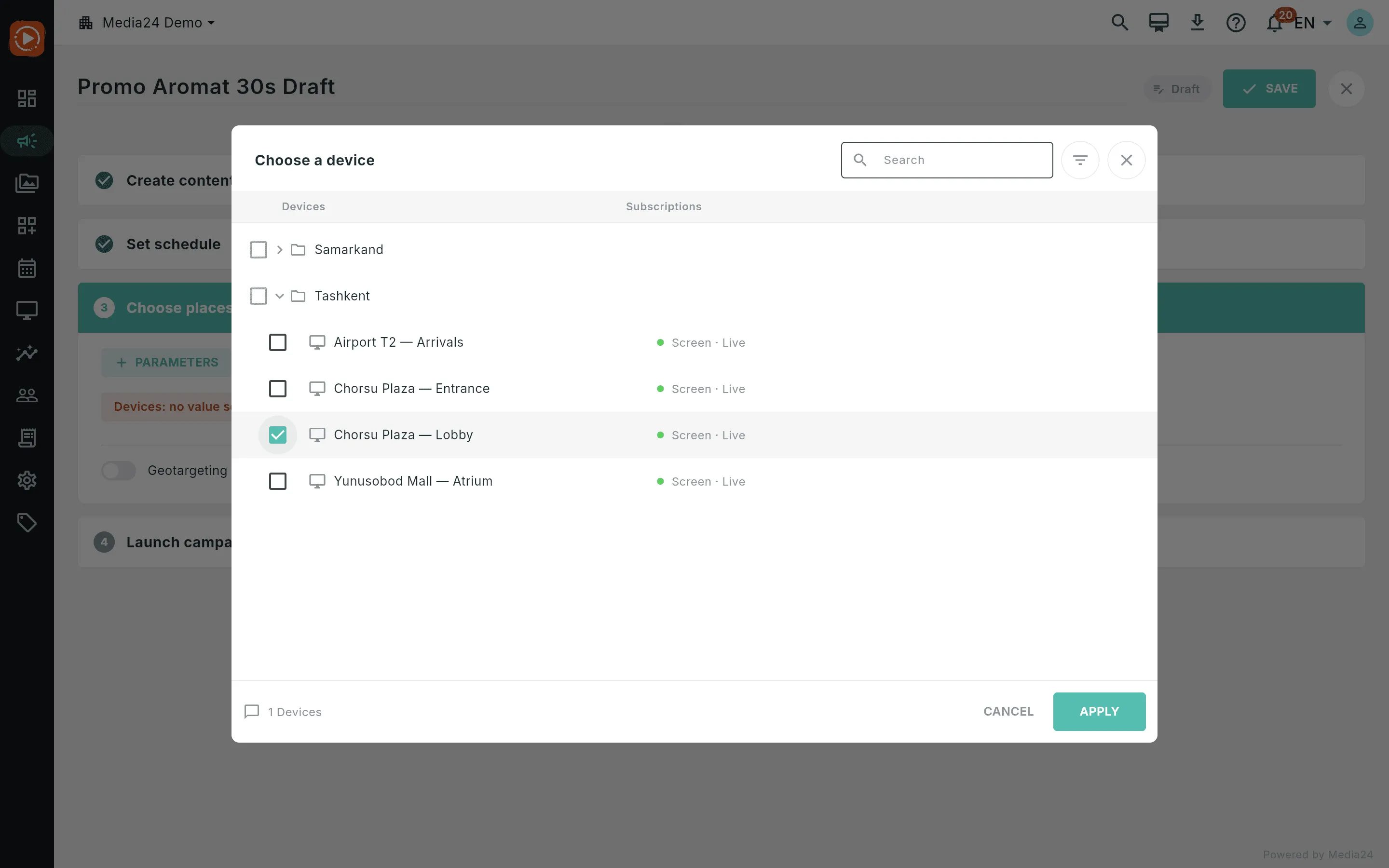 The device tree picker dialog with two screens, one checked