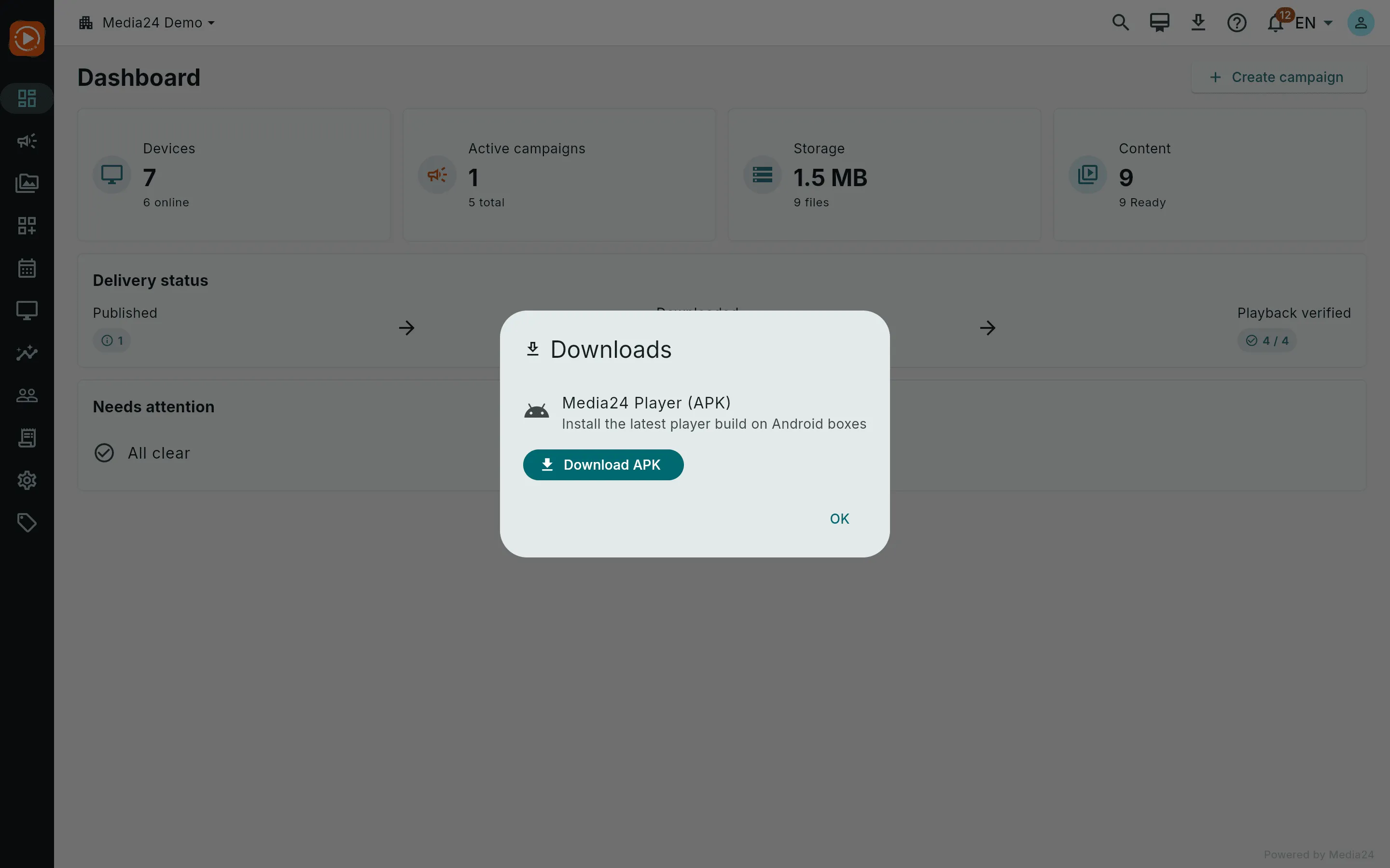 The Downloads dialog with a Download APK button for the Media24 Player