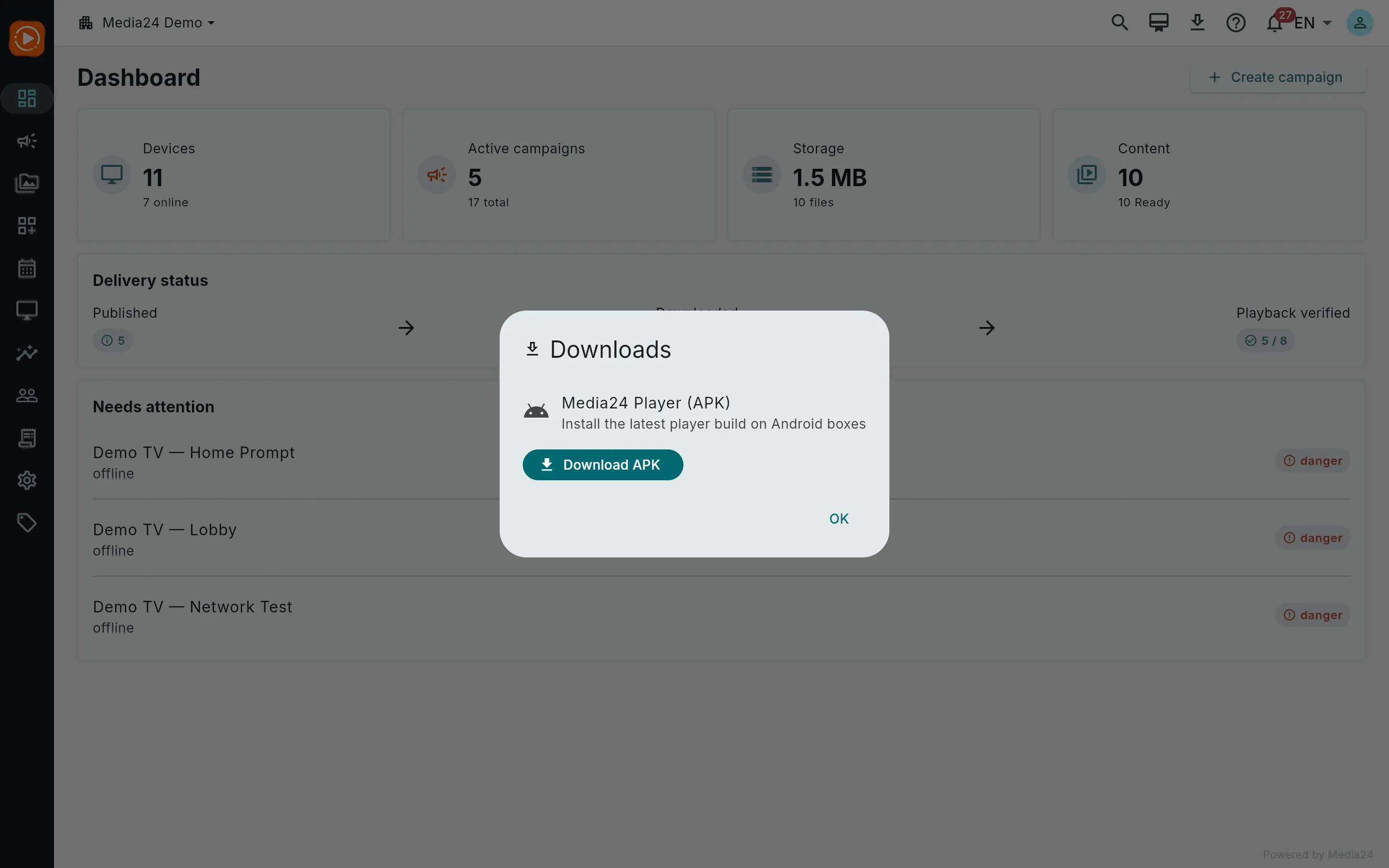 The Manager Downloads dialog with a Media24 Player (APK) row and a Download APK button