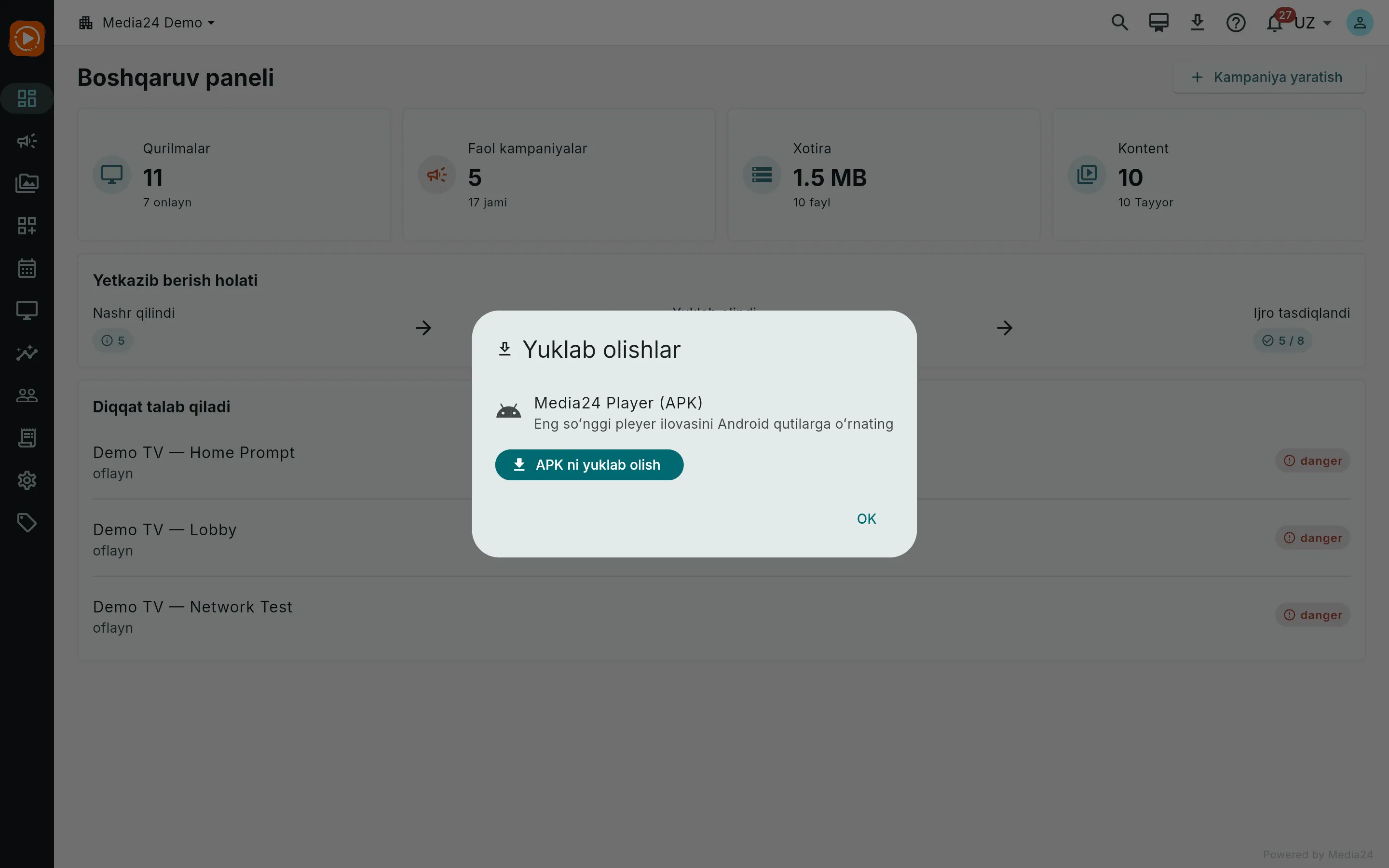 Menejerning «Yuklamalar» oynasi: Media24 Player (APK) qatori va «APK yuklab olish» tugmasi bilan