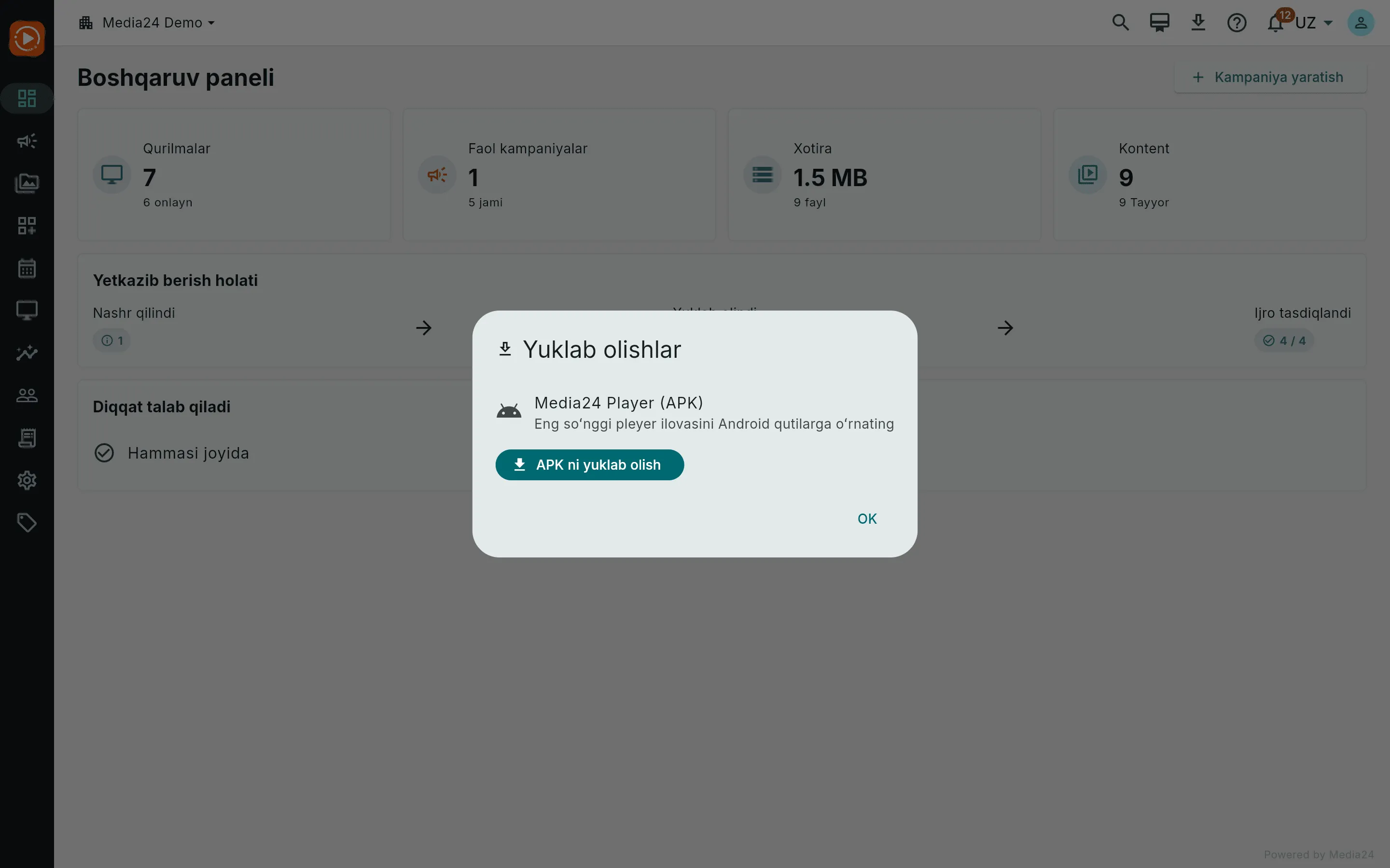 Media24 Player uchun «APK ni yuklab olish» tugmasi bo‘lgan «Yuklamalar» oynasi