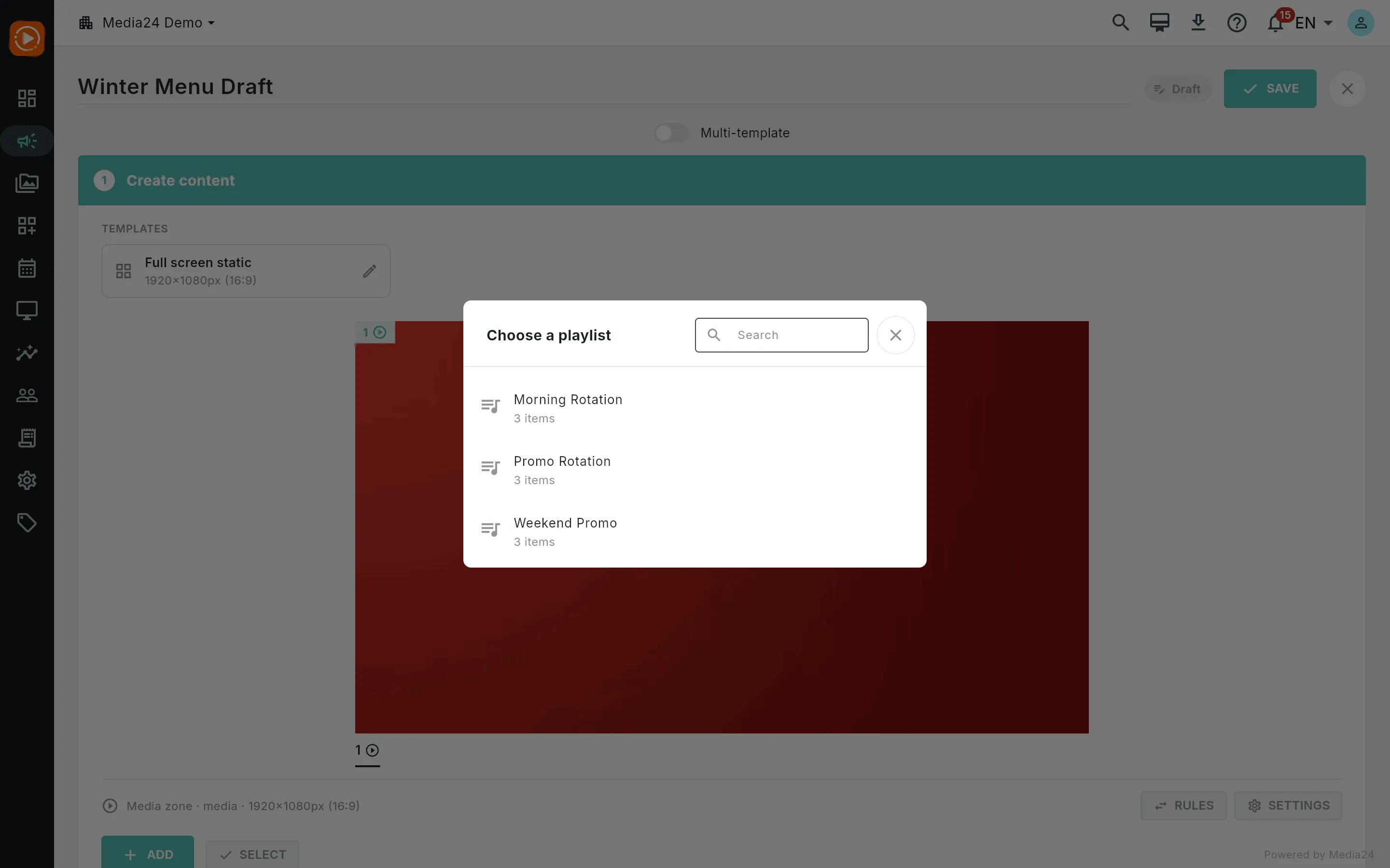 The playlist picker dialog listing the available playlists