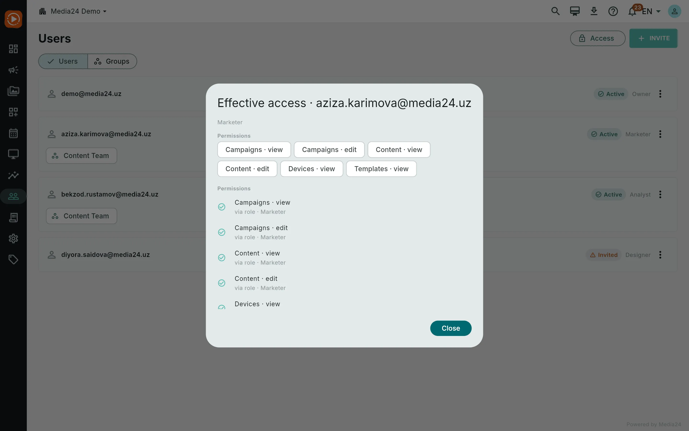 The effective-access breakdown for the marketer, each capability tagged with its source
