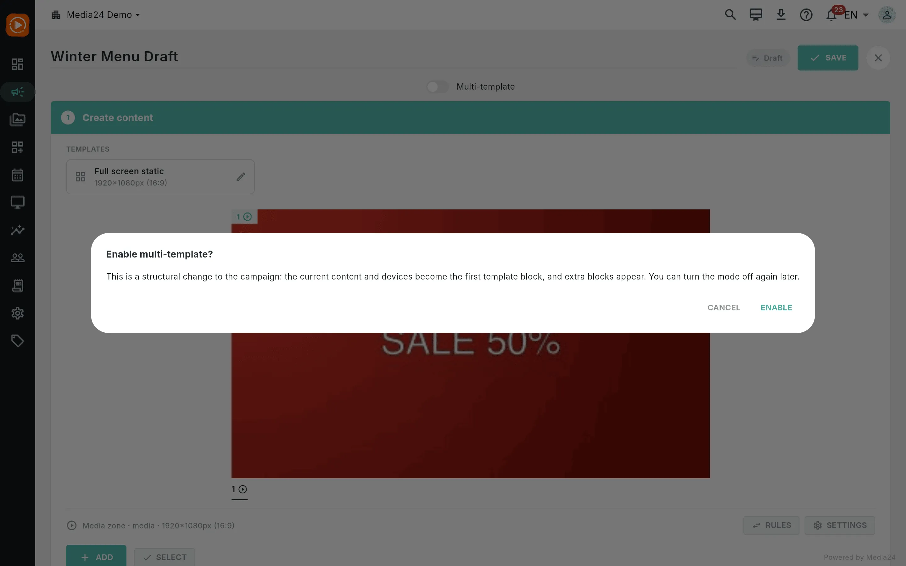 A confirmation dialog explaining that enabling multi-template turns the current content and devices into the first template block