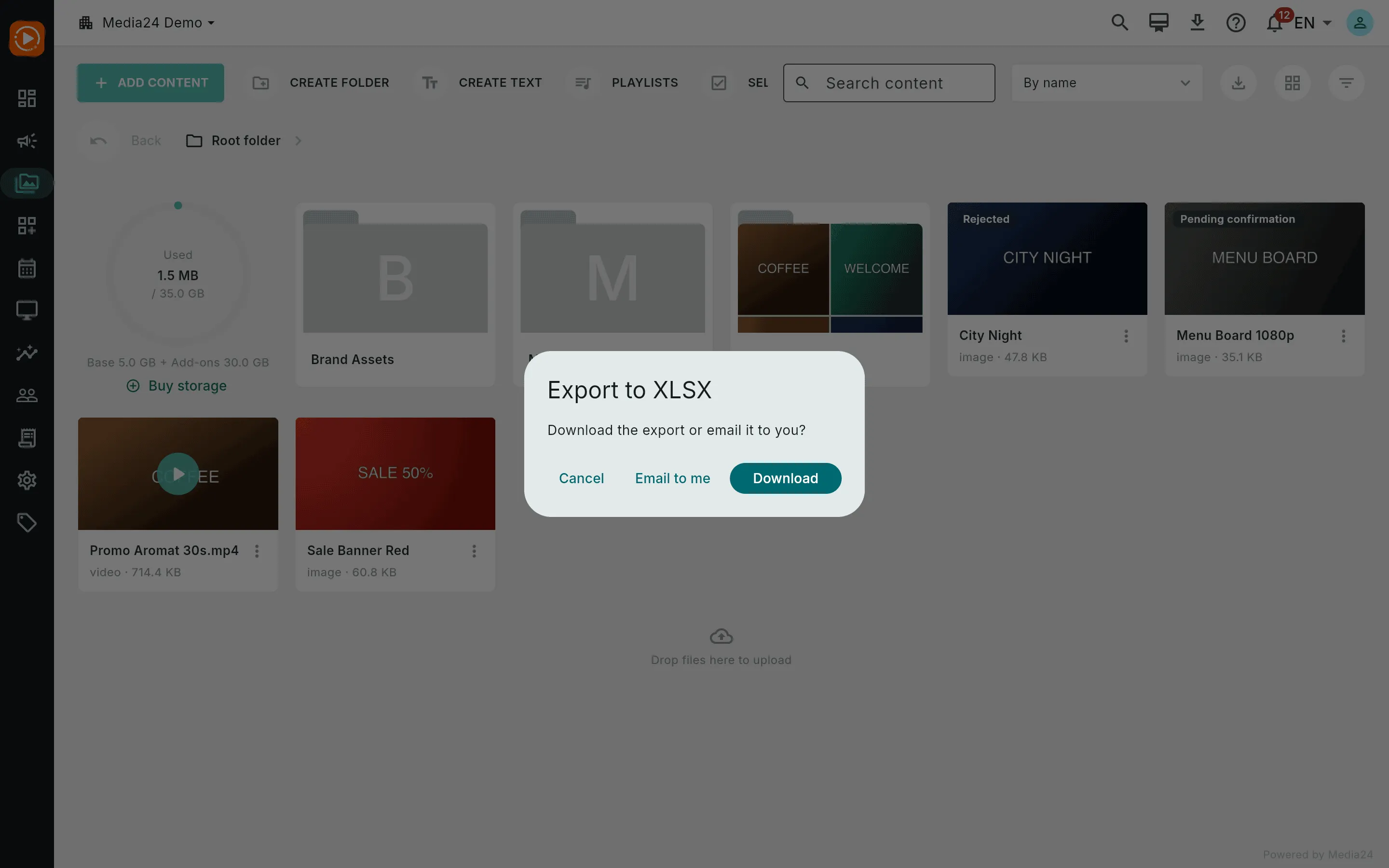 The export dialog offering to download the XLSX now or email a one-time link