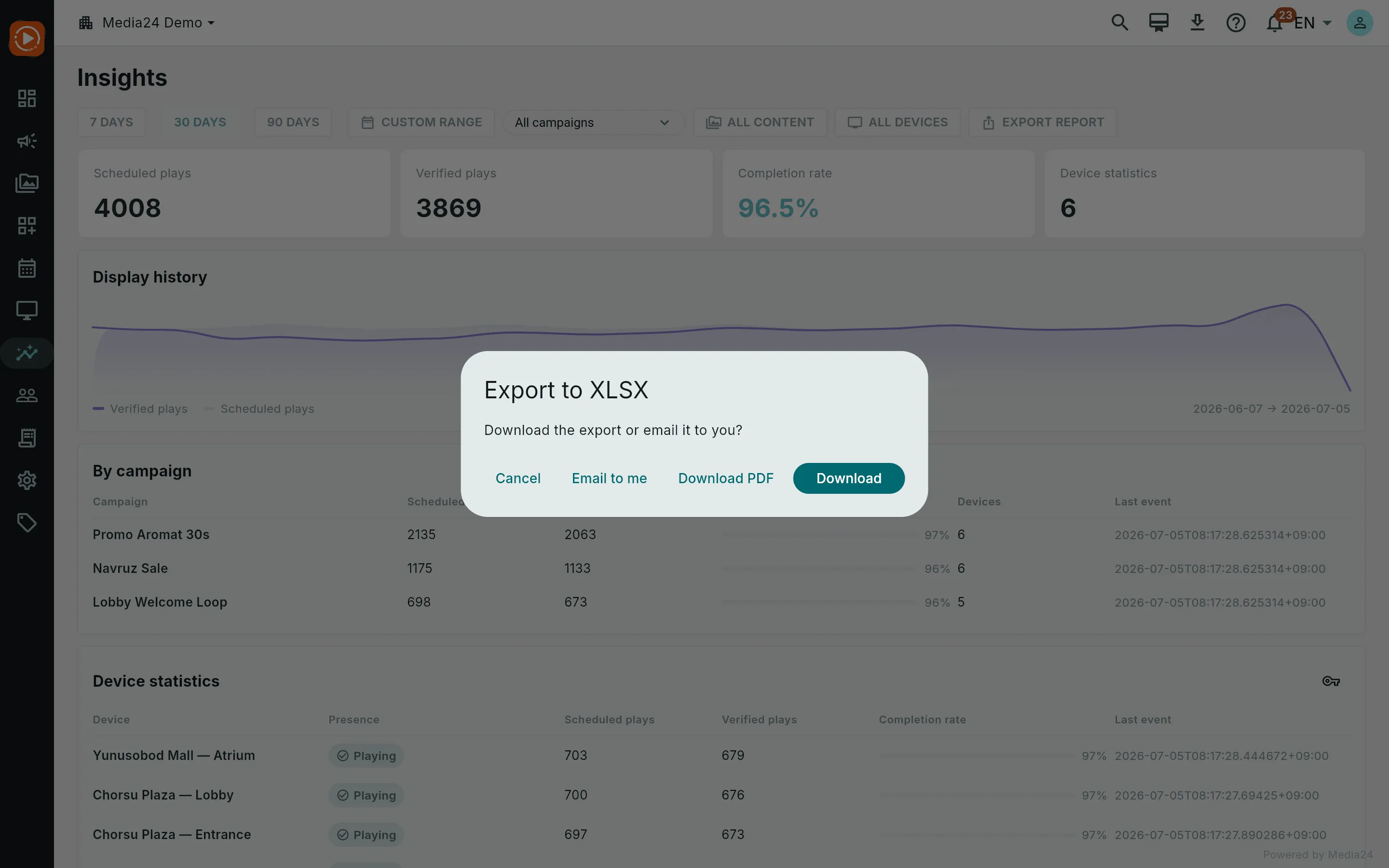 The export chooser dialog with Cancel, Email to me, Download PDF and Download options