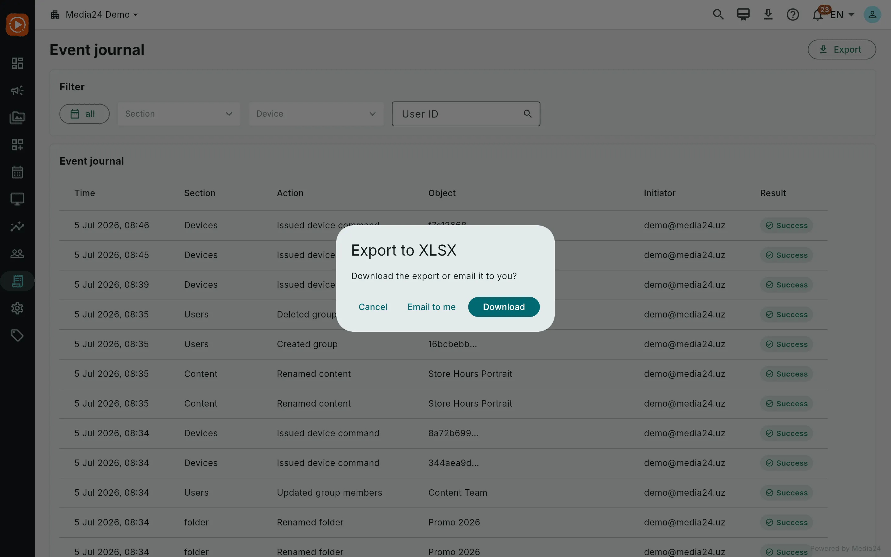 The export chooser dialog offering download or email of the journal