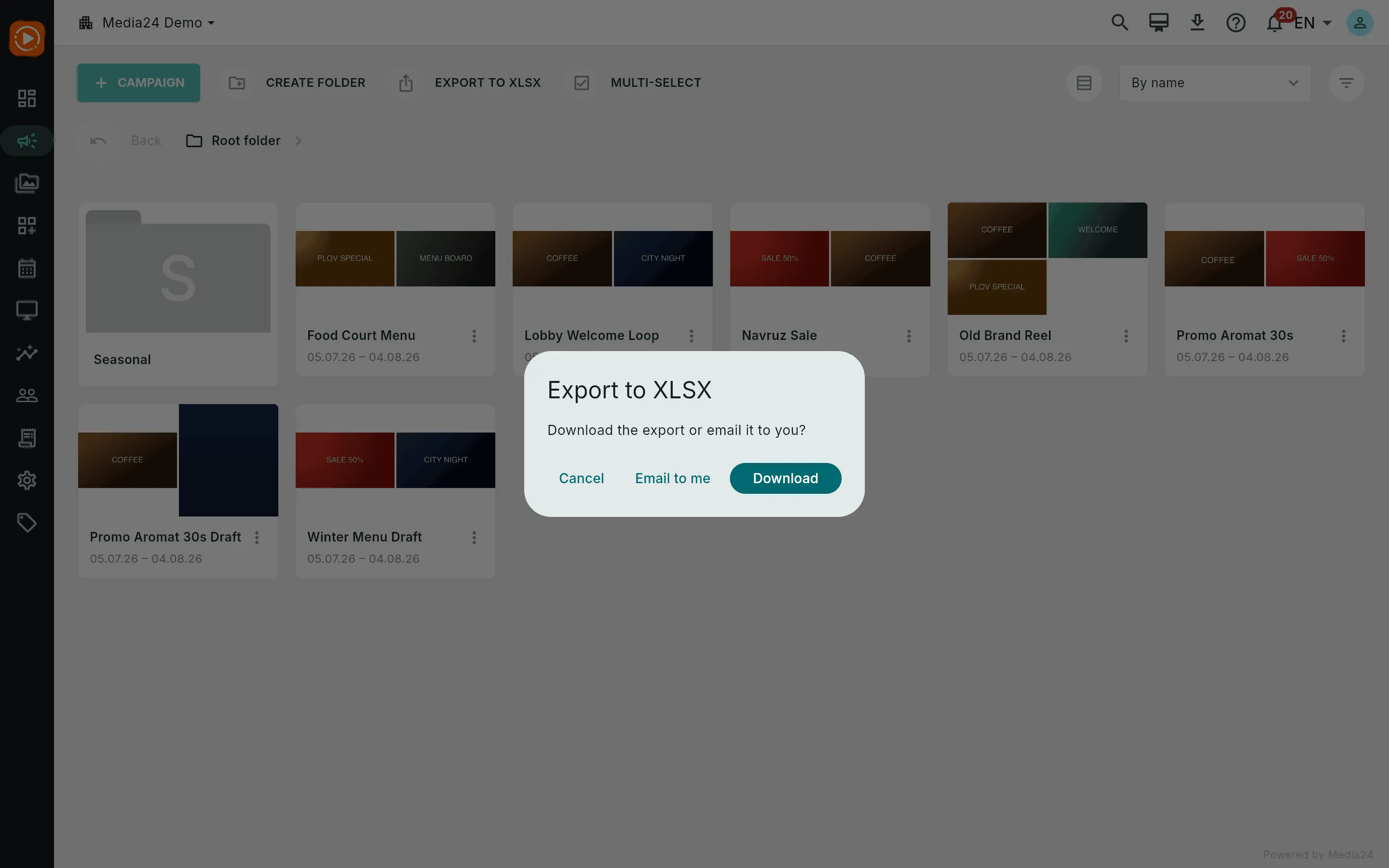 The export chooser offering Download now or Email me