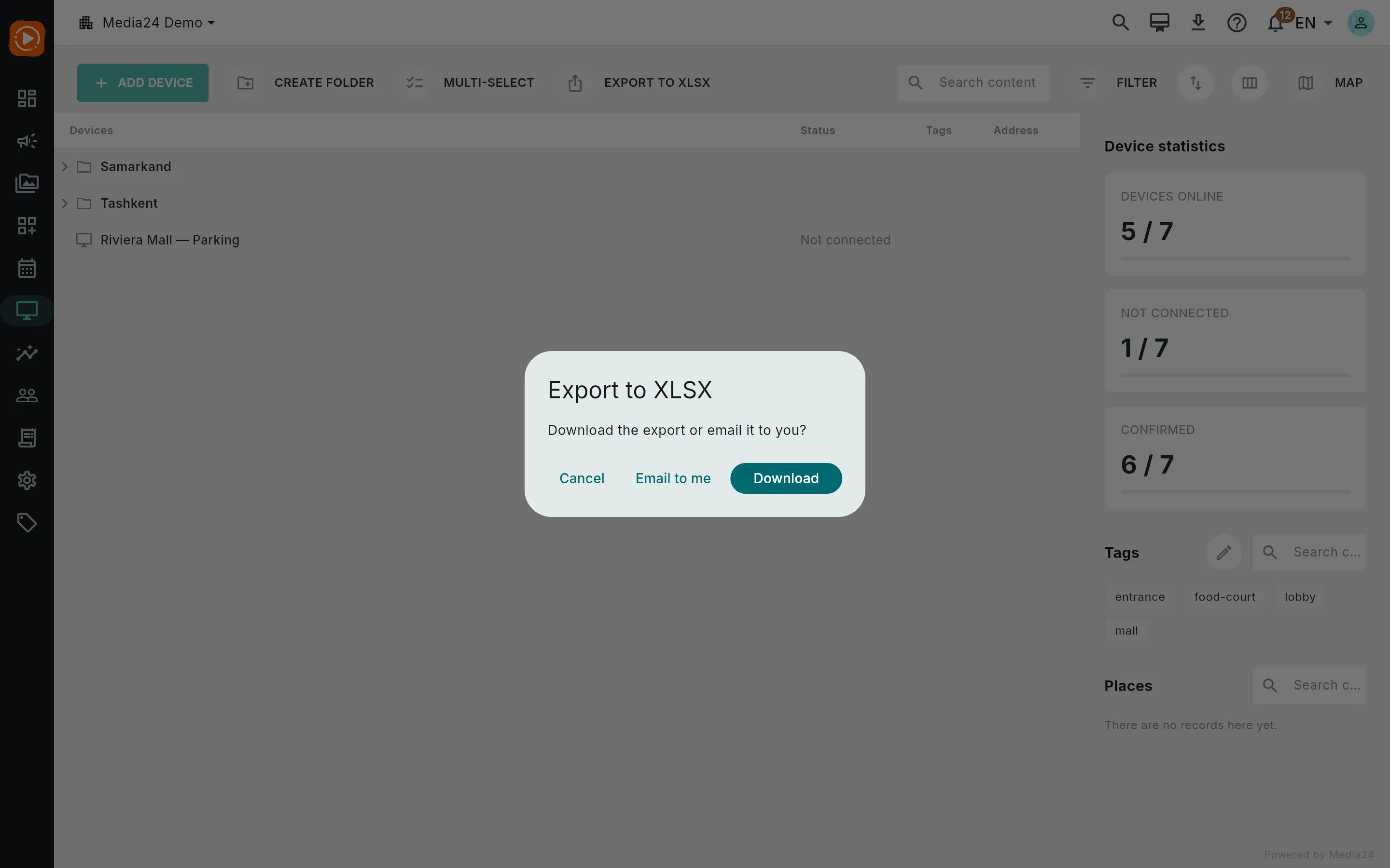 The export chooser with Download and Email me options