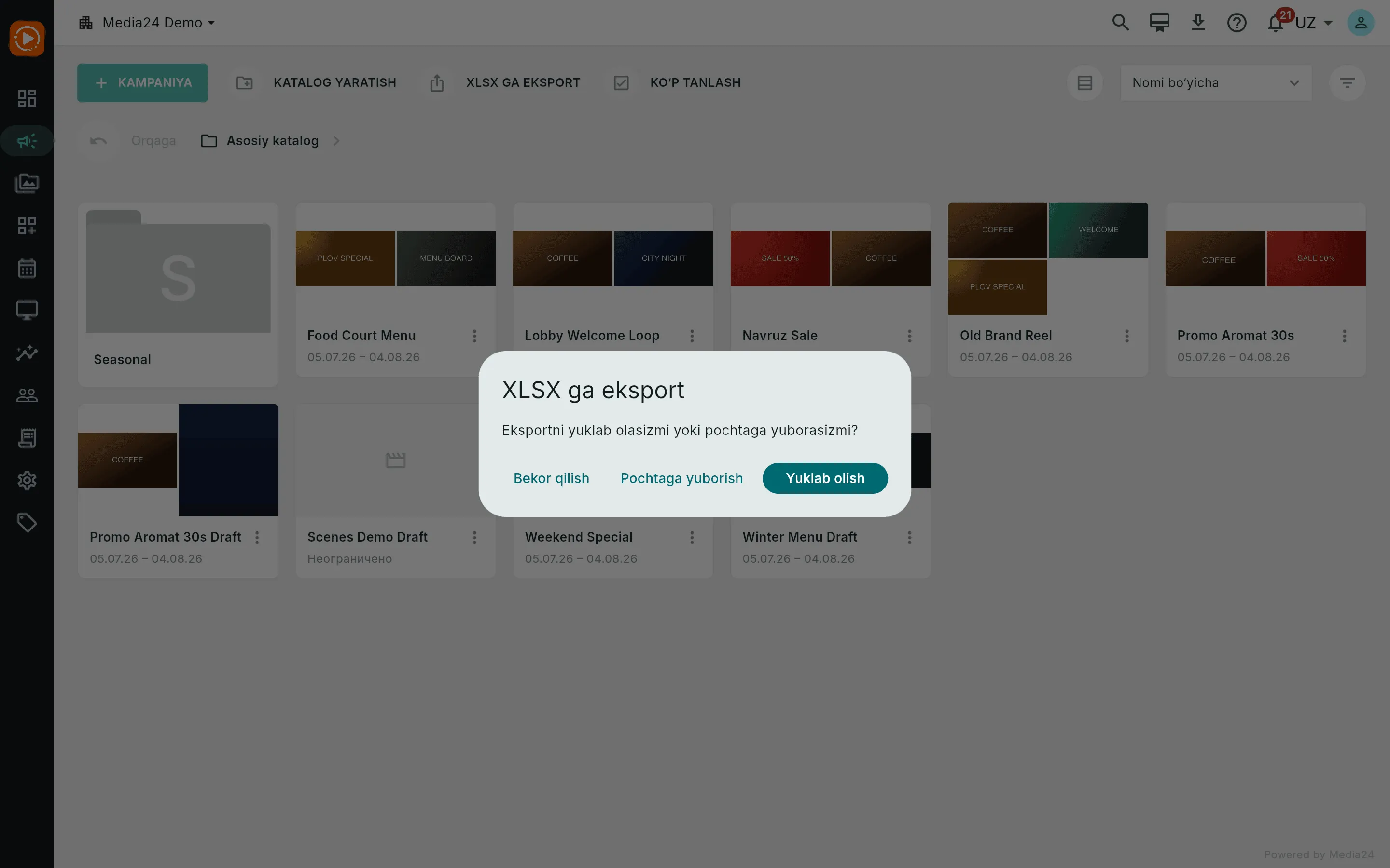 «Hozir yuklab olish» va «Menga email yuborish» variantlari bilan eksport tanlovchisi