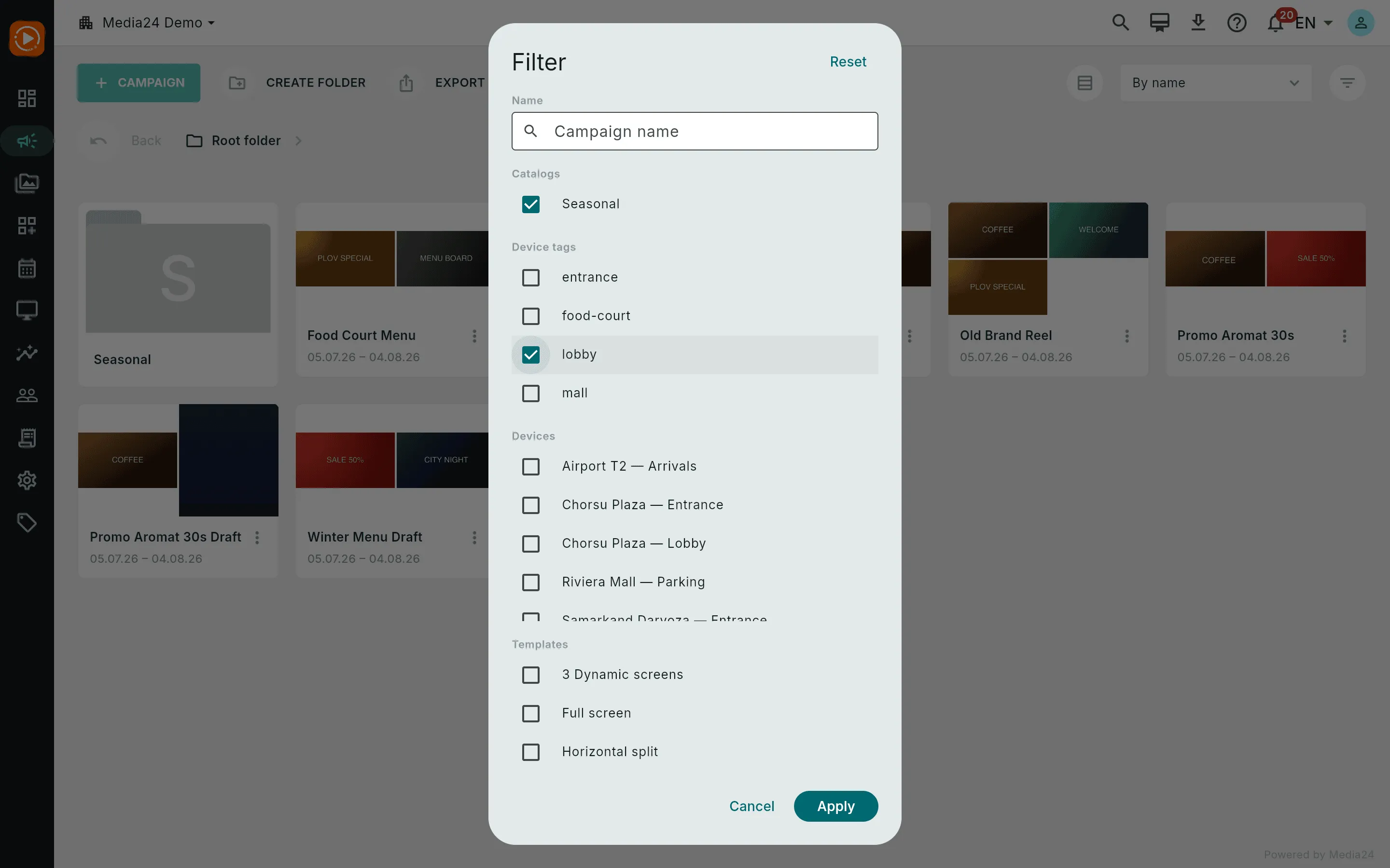 The campaign filter dialog with a folder and a device tag selected and Apply enabled