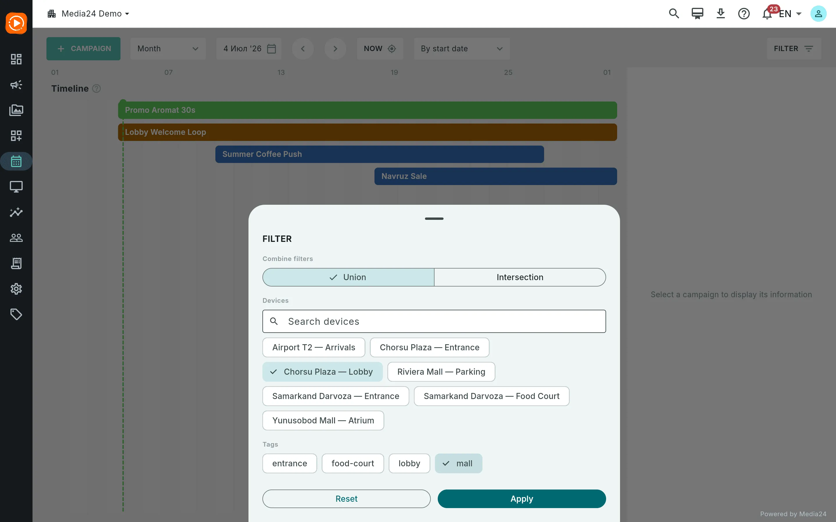 The media plan filter sheet with a Union/Intersection control, a device search and picks, and tag chips