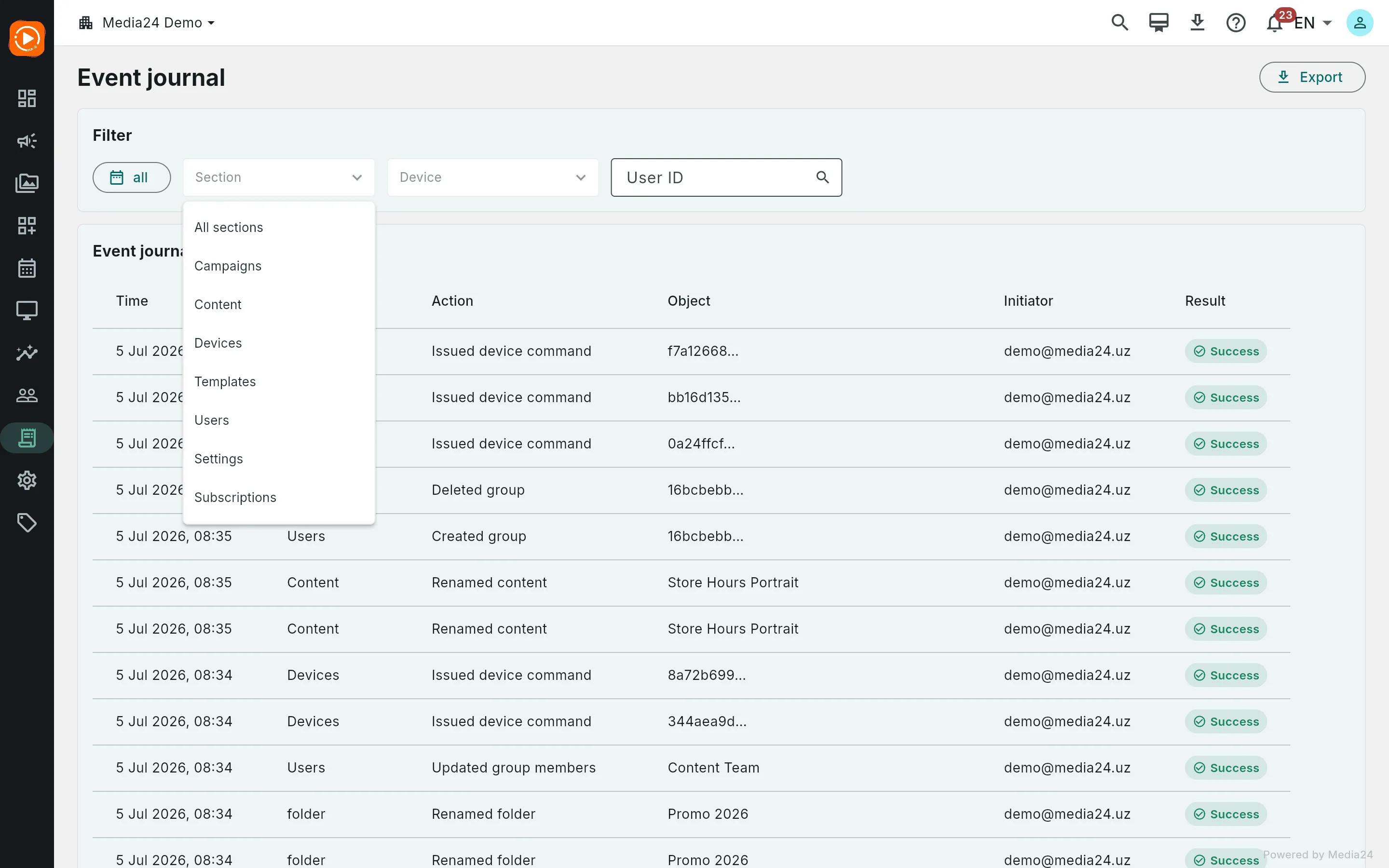 The journal filter card with the Section dropdown open, listing every section