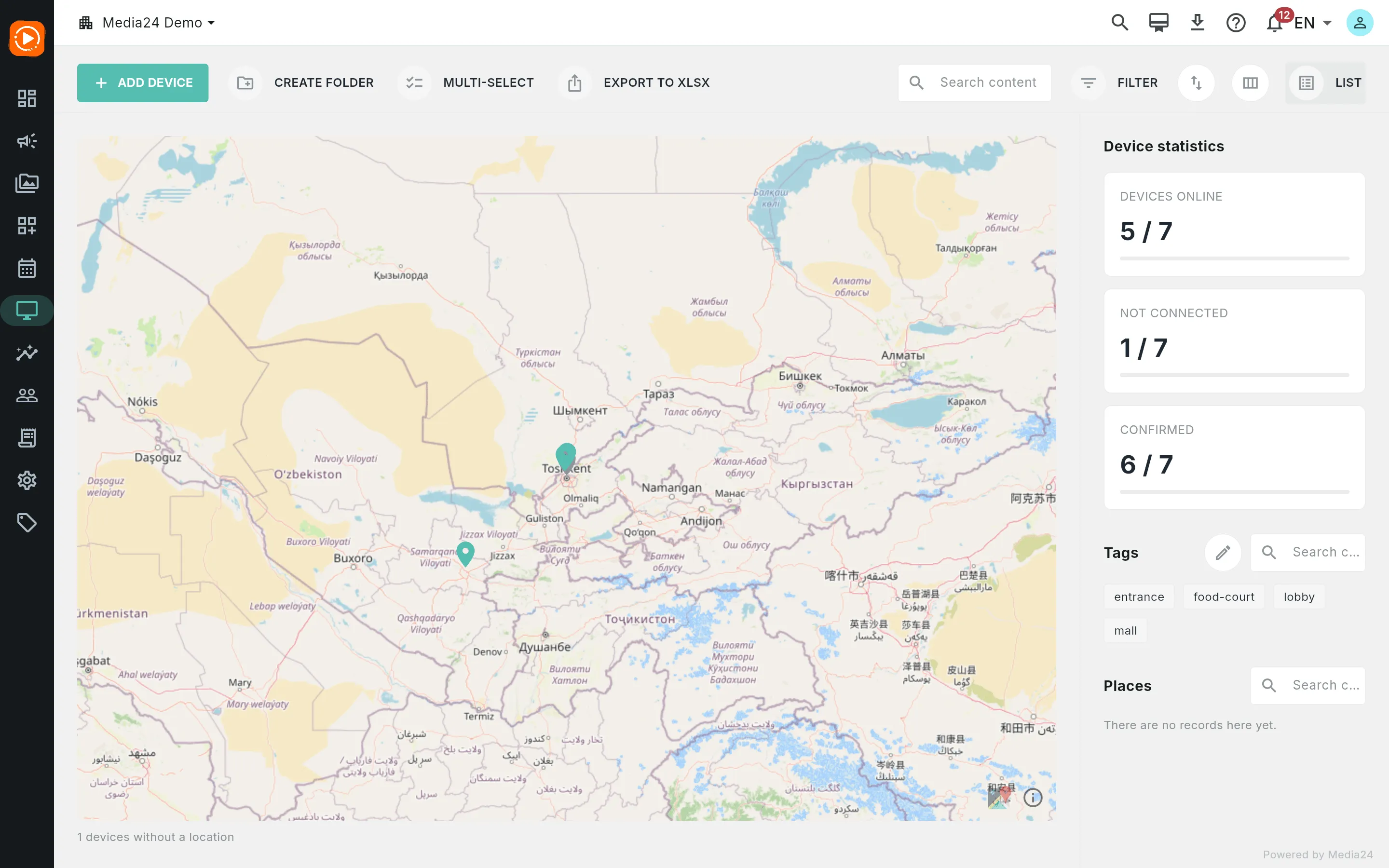 The fleet map with pins for located screens and a footer counting screens without a location