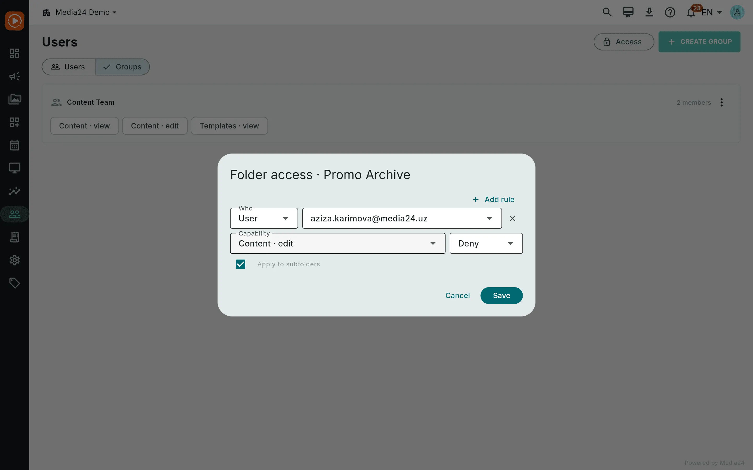 The per-folder grants dialog for Promo Archive showing a deny grant for content edit on a member