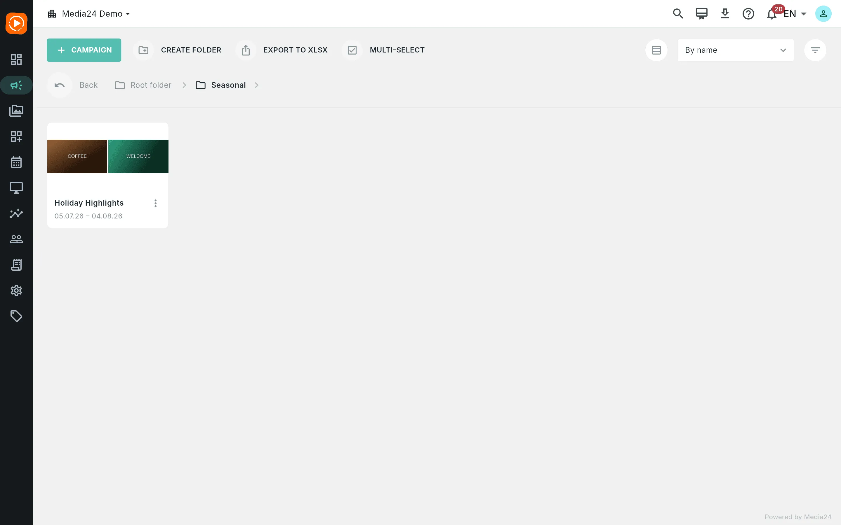 Inside the Seasonal folder, showing the breadcrumb with a Back button and the campaigns it contains