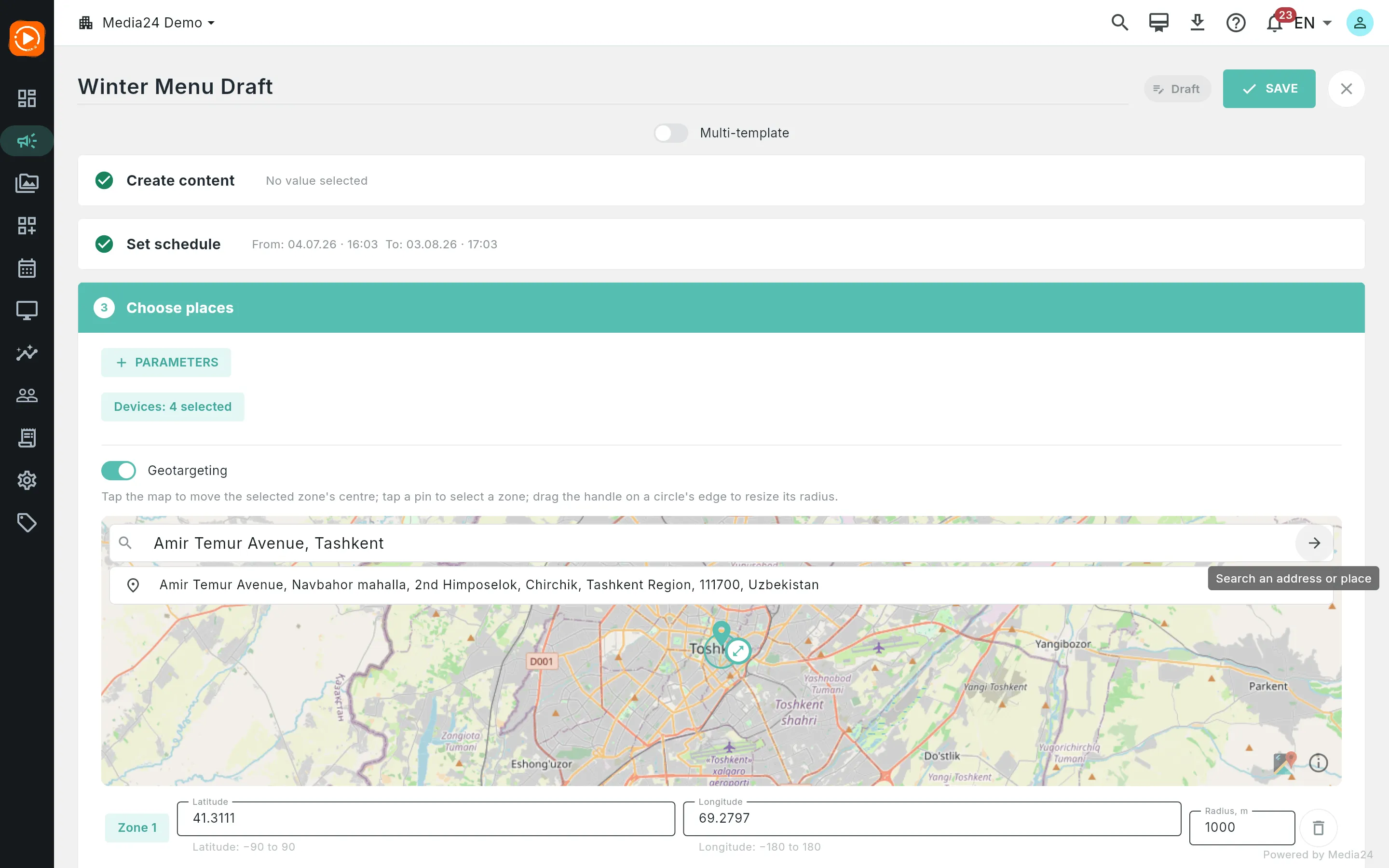 The map search box open with a list of address suggestions for a search on Amir Temur Avenue in Tashkent