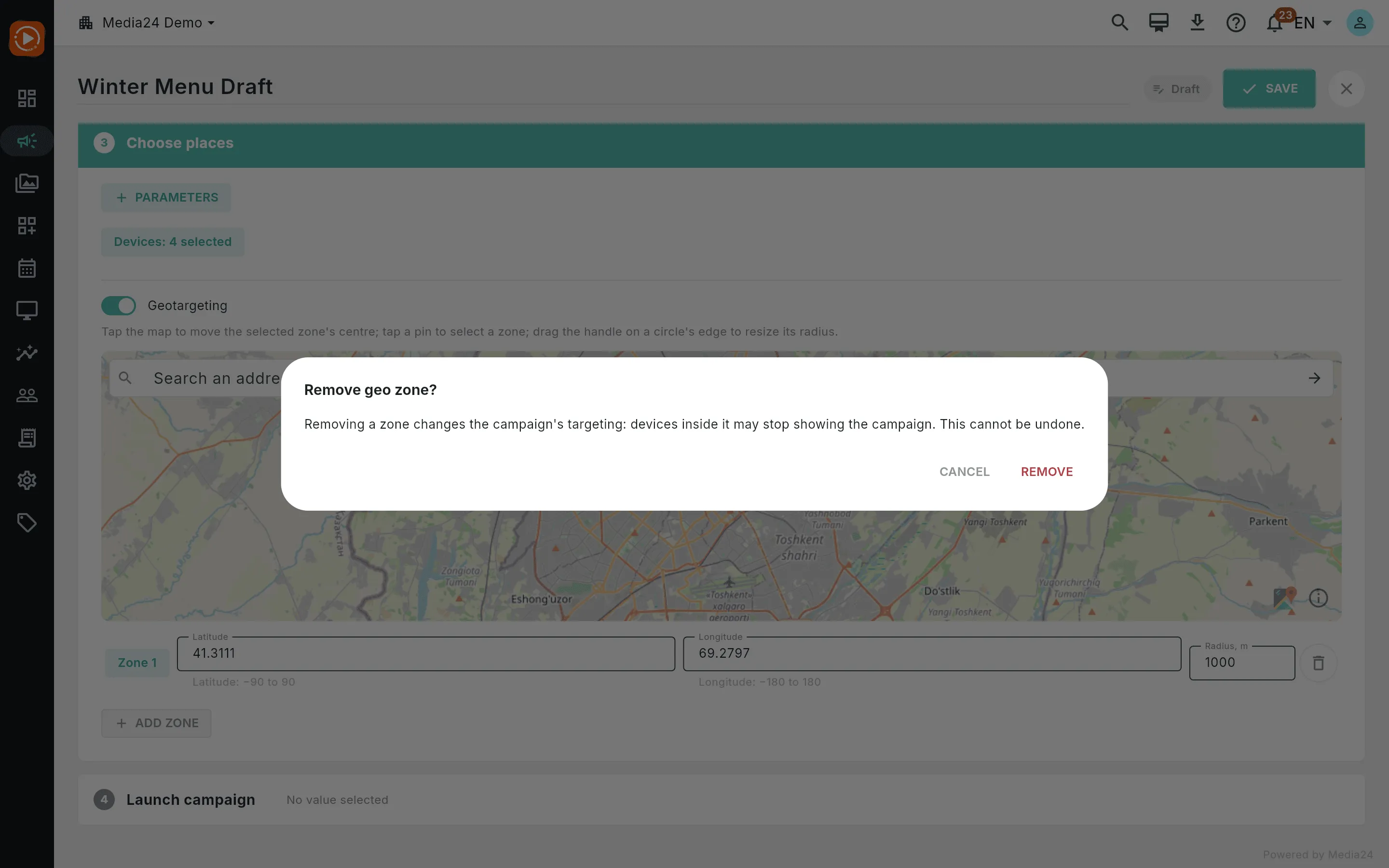A confirmation dialog asking to remove a geo zone, warning that devices inside it may stop showing the campaign