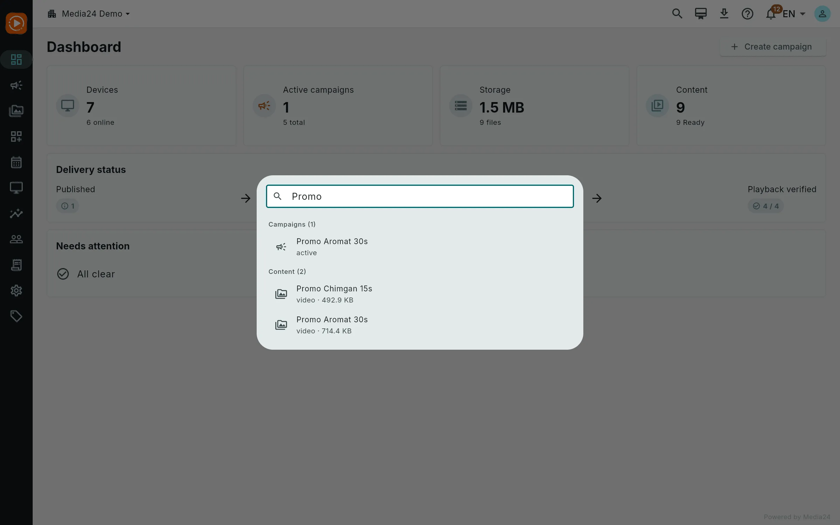 The global search overlay with the query Promo, showing grouped campaign and content results