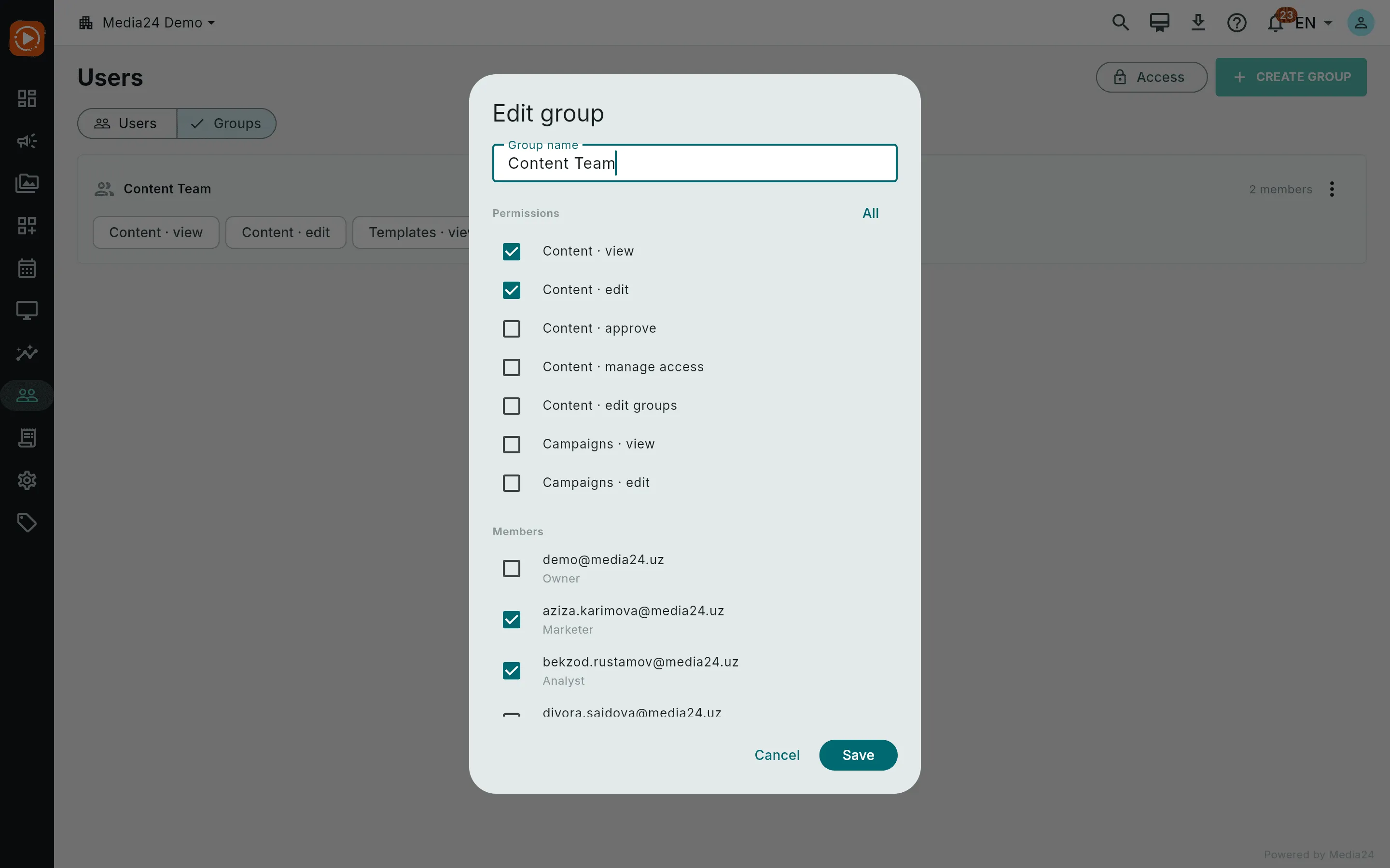 The group editor for Content Team with capability checkboxes, several of them ticked