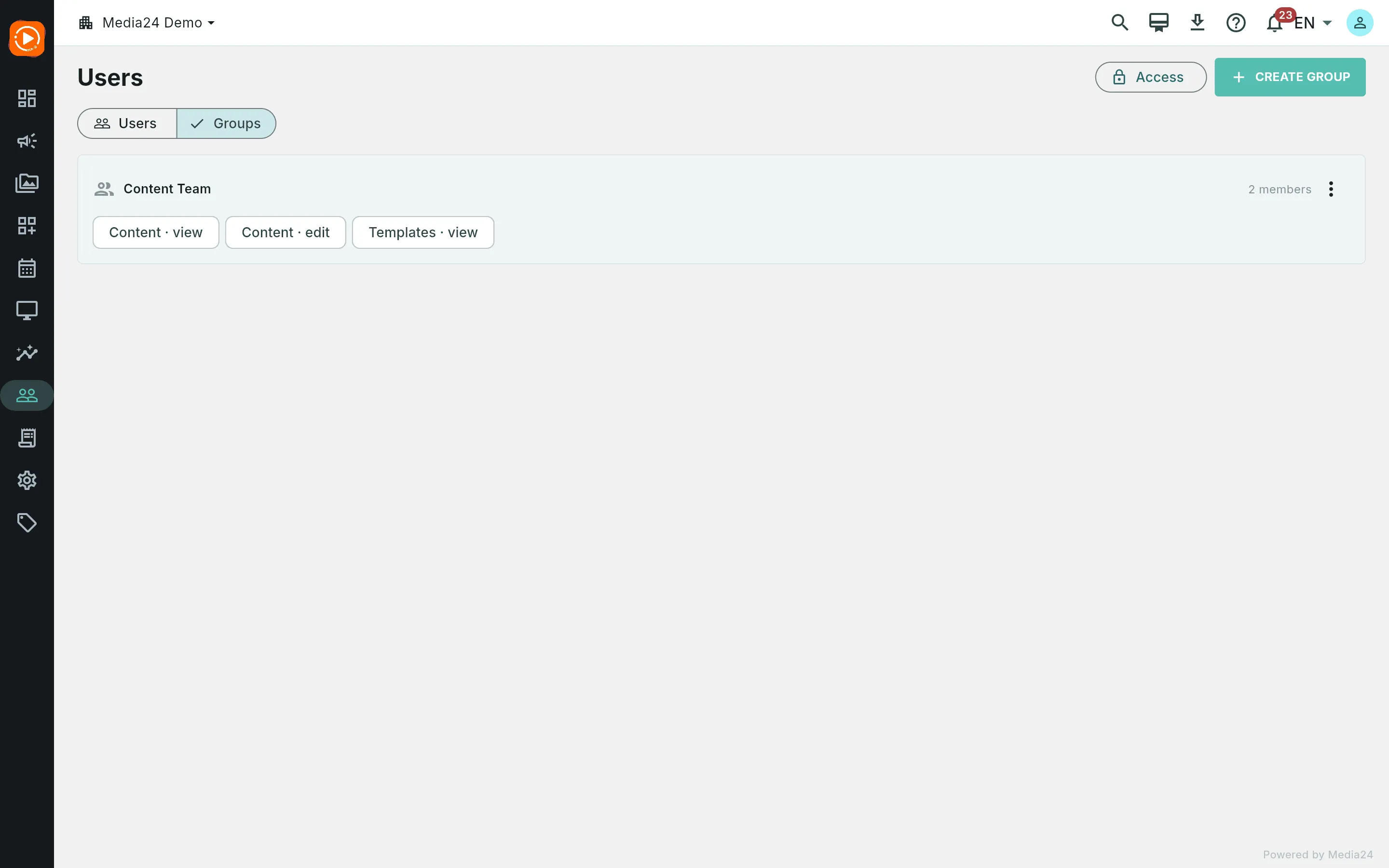 The Users screen on the Groups tab, showing the Content Team group card