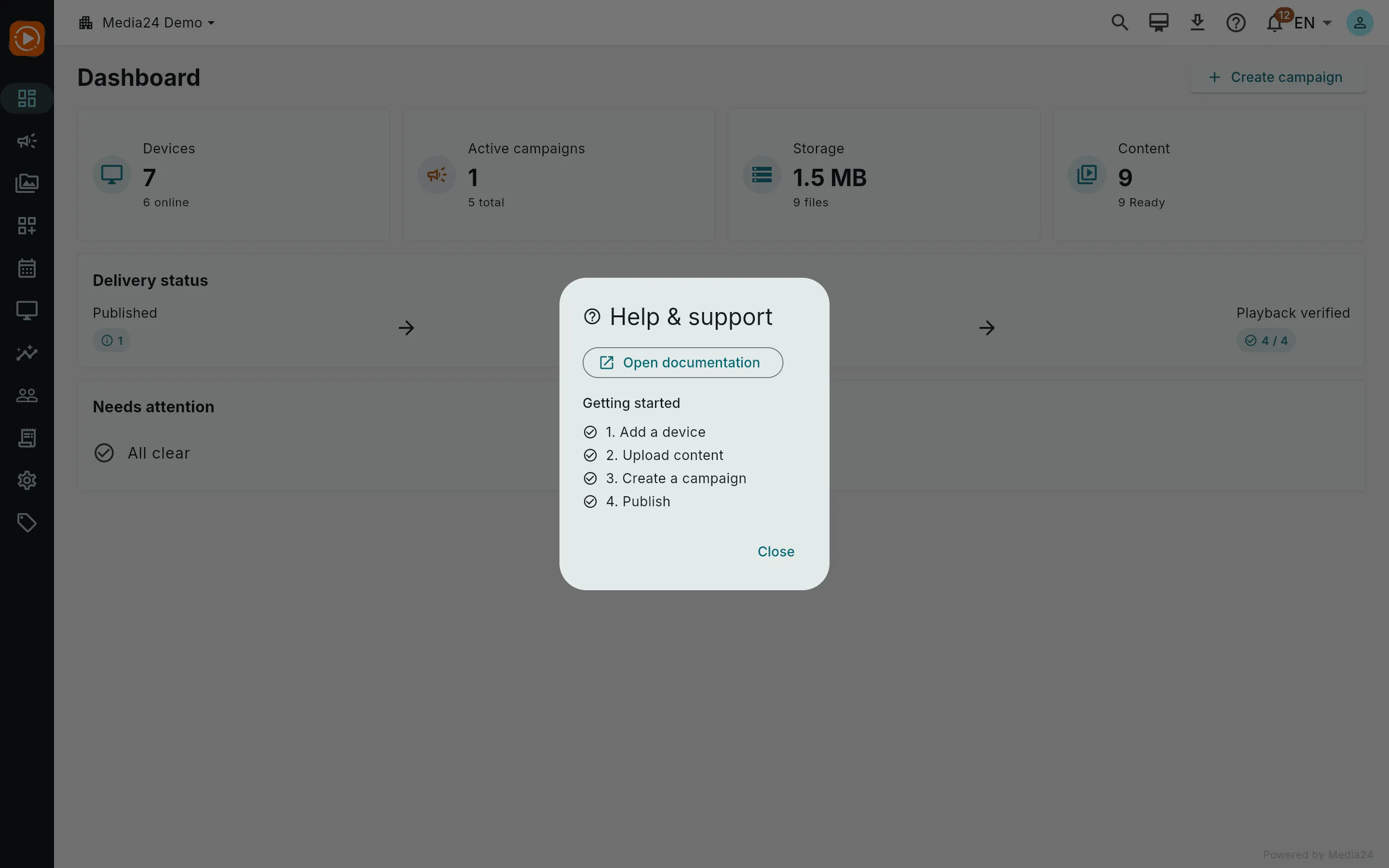 The Help and support dialog with an Open documentation link and a four-step checklist