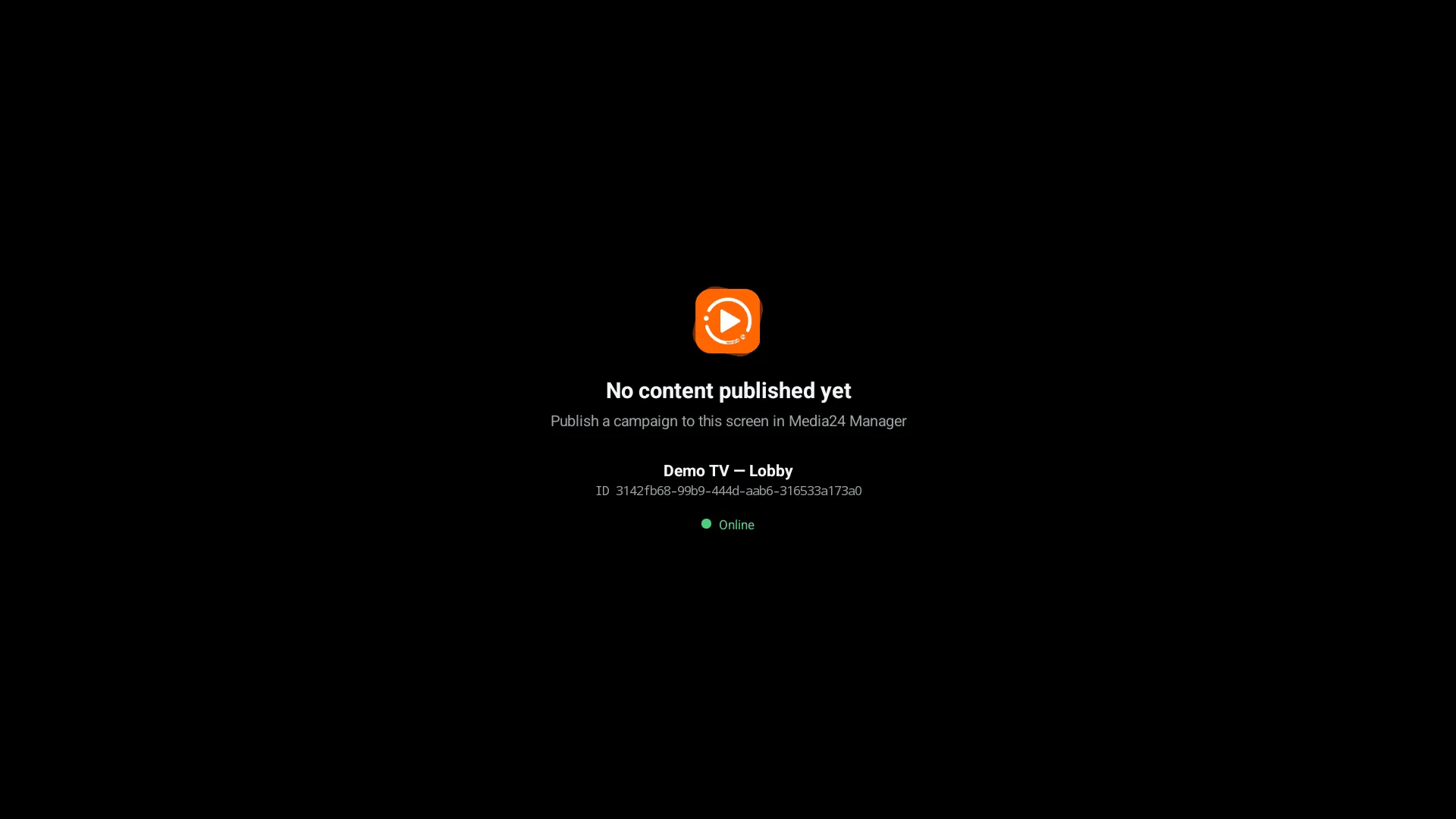 The player idle screen: M24 logo, 'No content published yet', the device name, its ID, and a green Online dot
