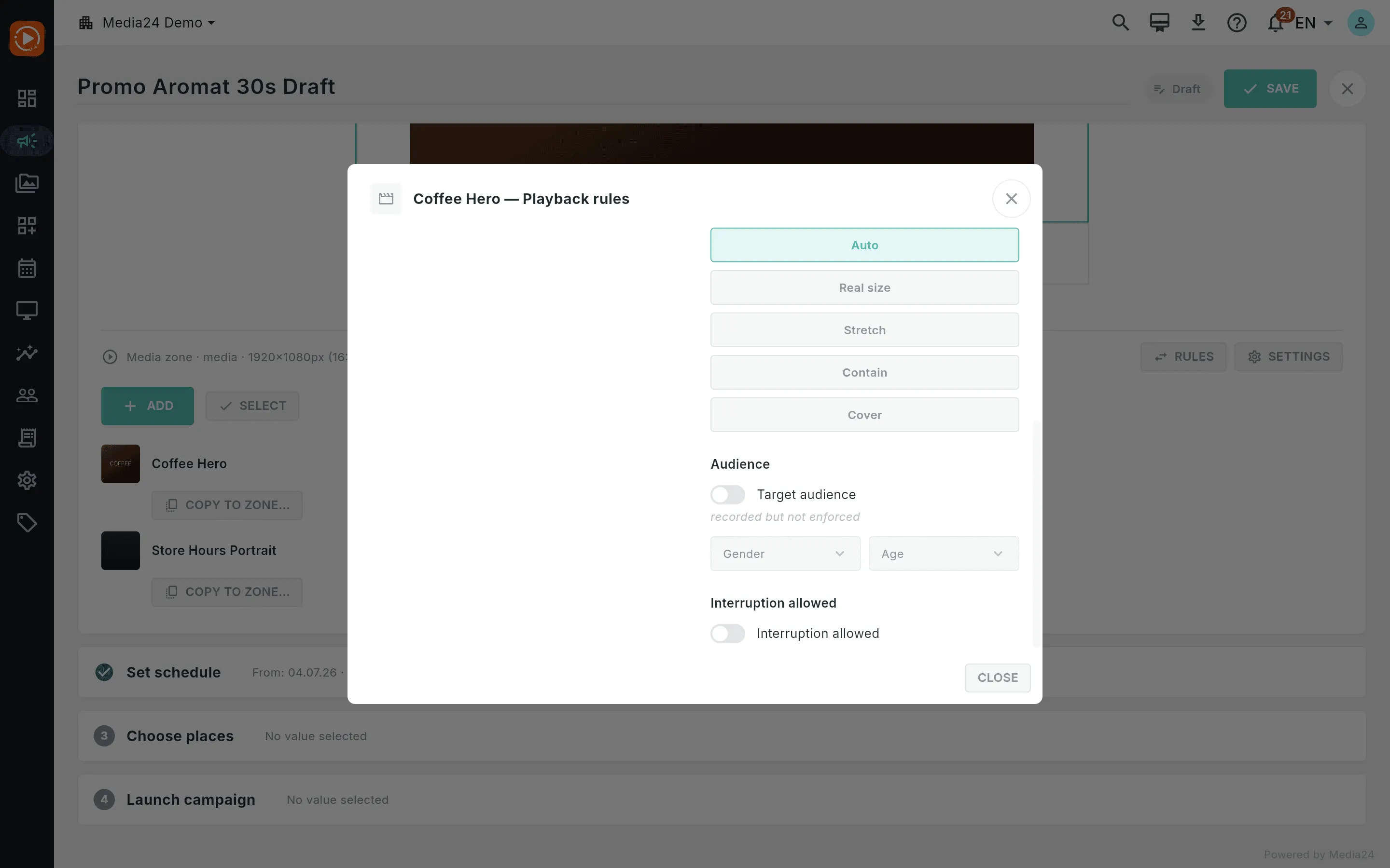 The playback rules dialog scrolled to show rotation chips, scale mode, the disabled audience section, and the interruption toggle