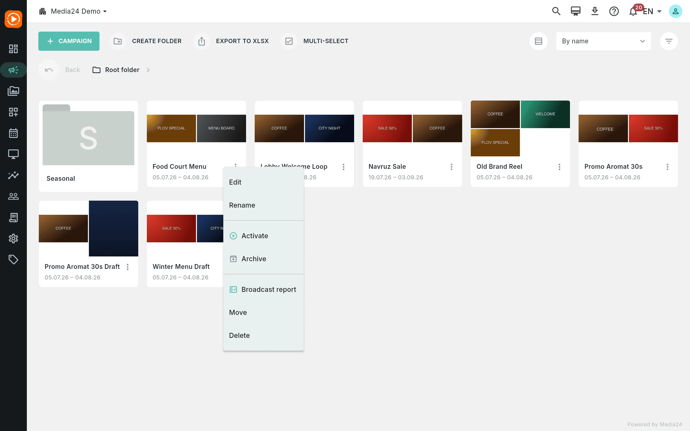 The card menu of a stopped campaign showing Activate and Archive among the lifecycle actions