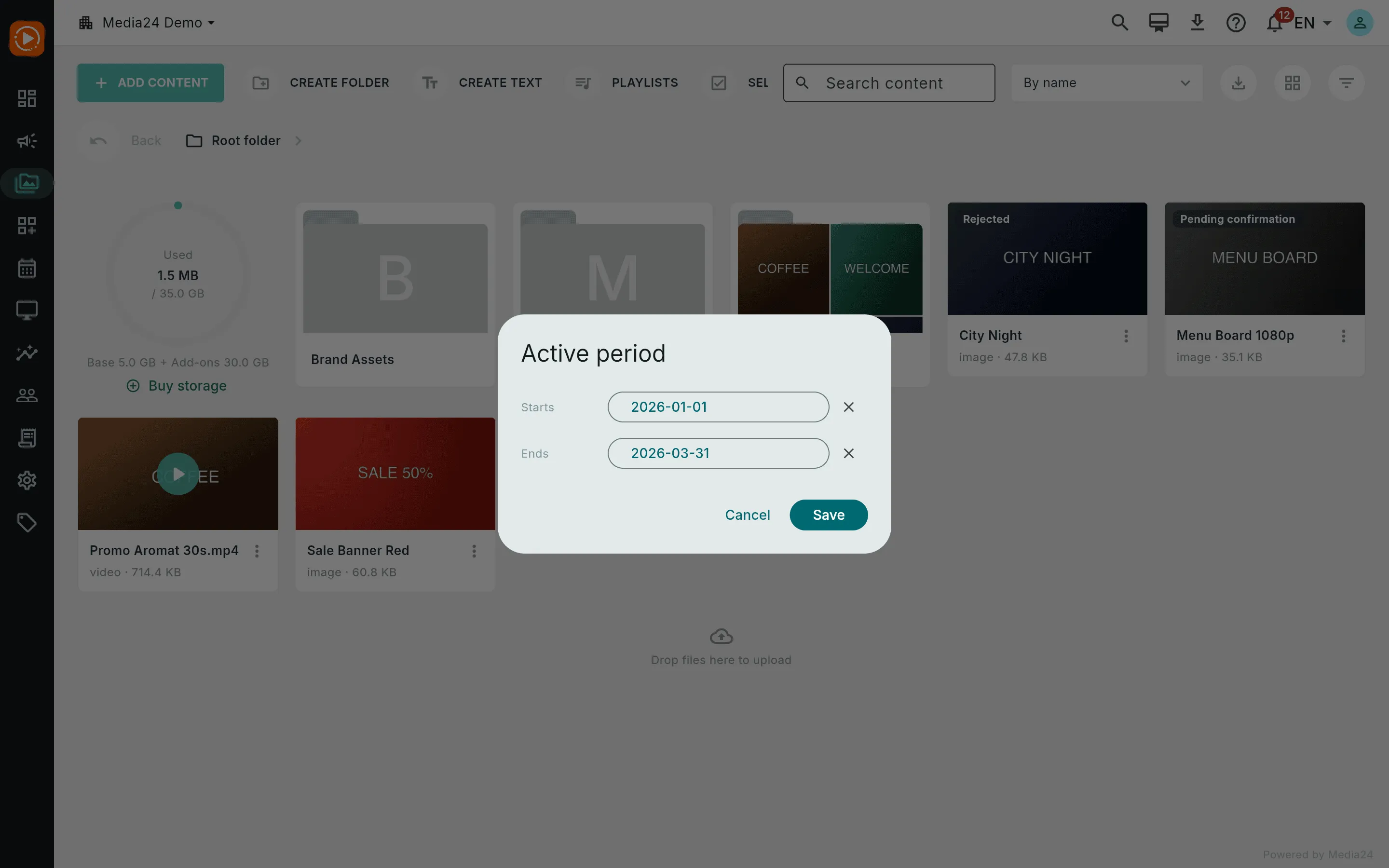 The active-period editor with a start date and end date picked