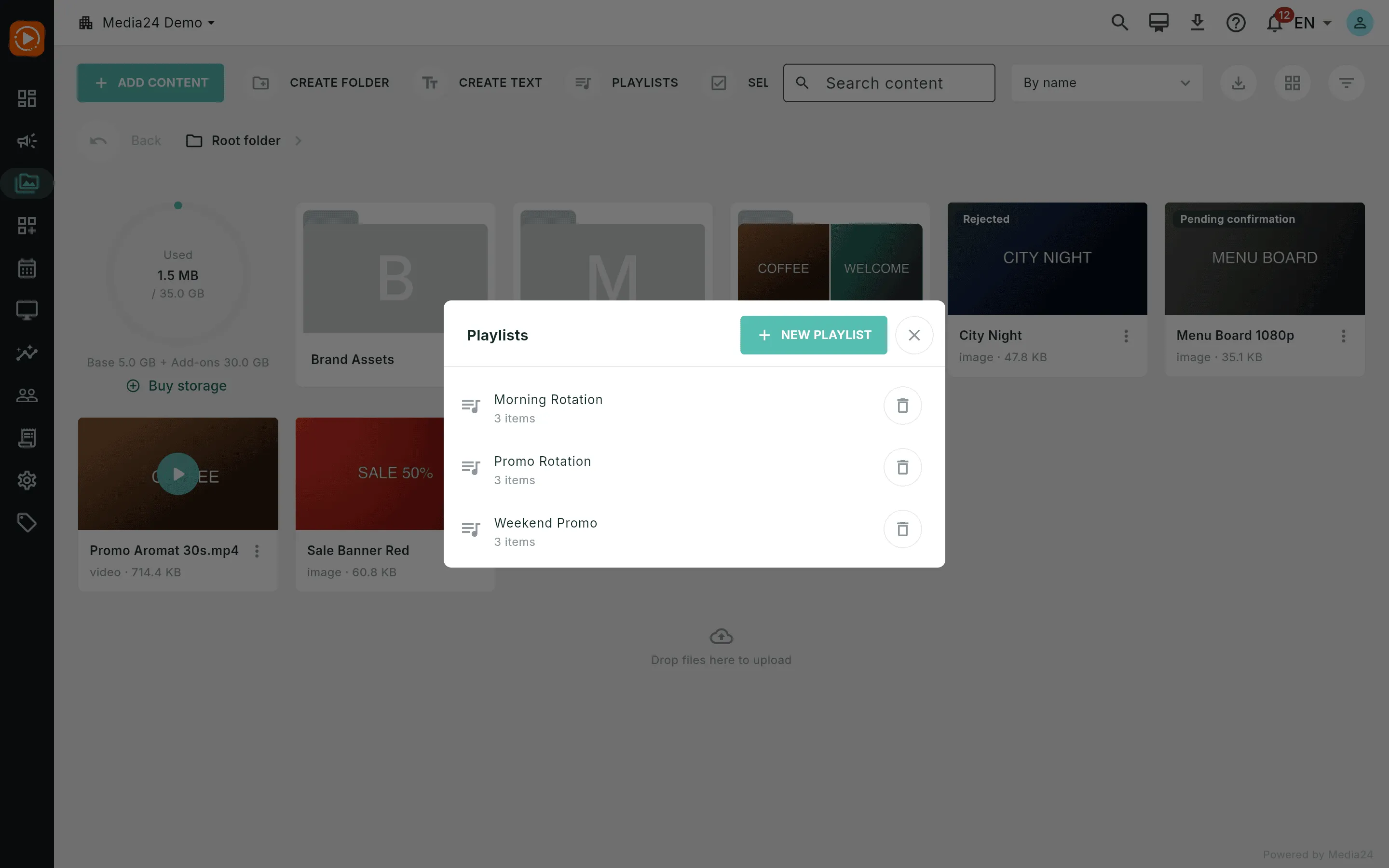The playlist manager listing two playlists with item counts, each with a delete button, and a New playlist button