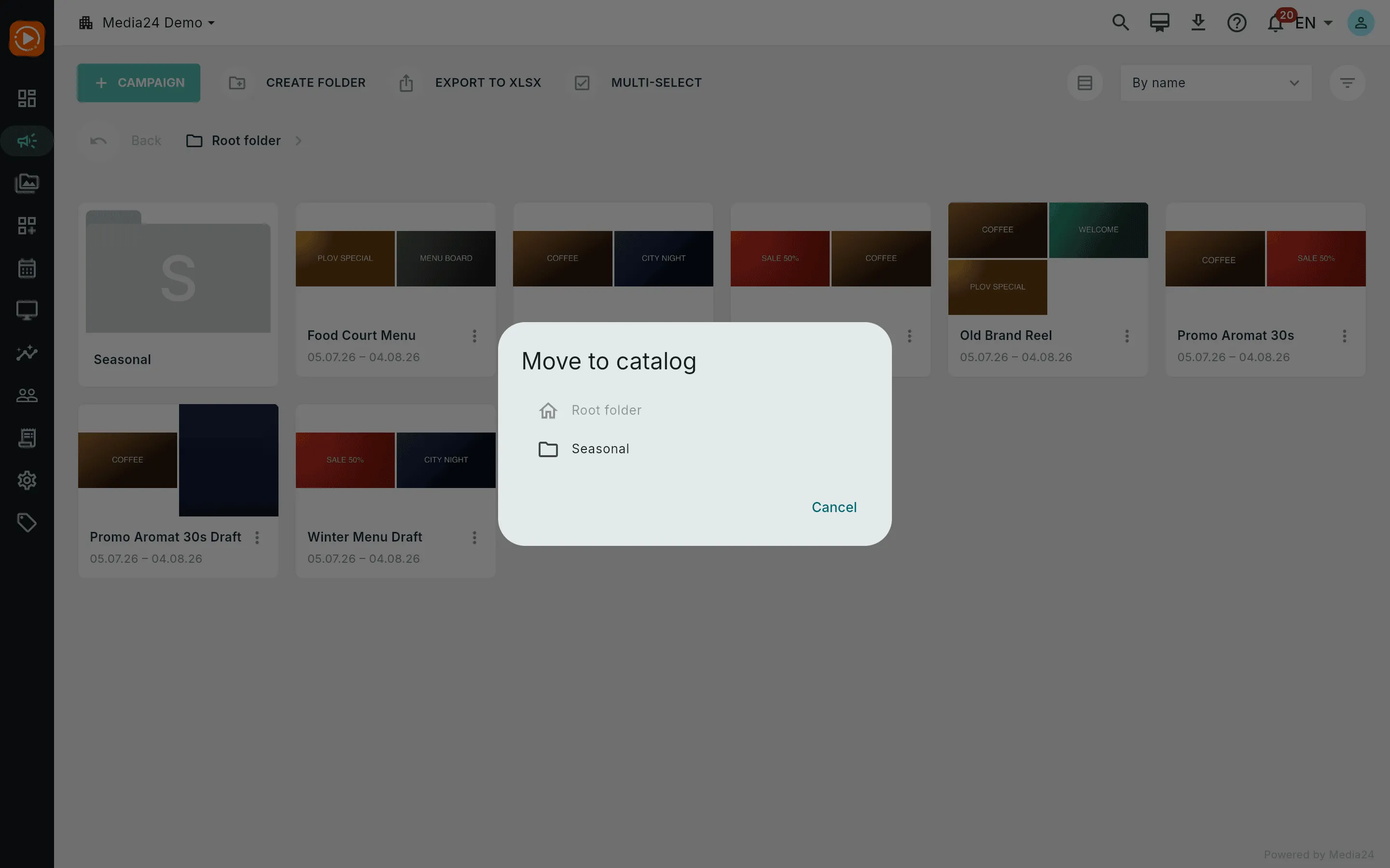 The Move dialog: a folder picker for choosing where to move the campaign